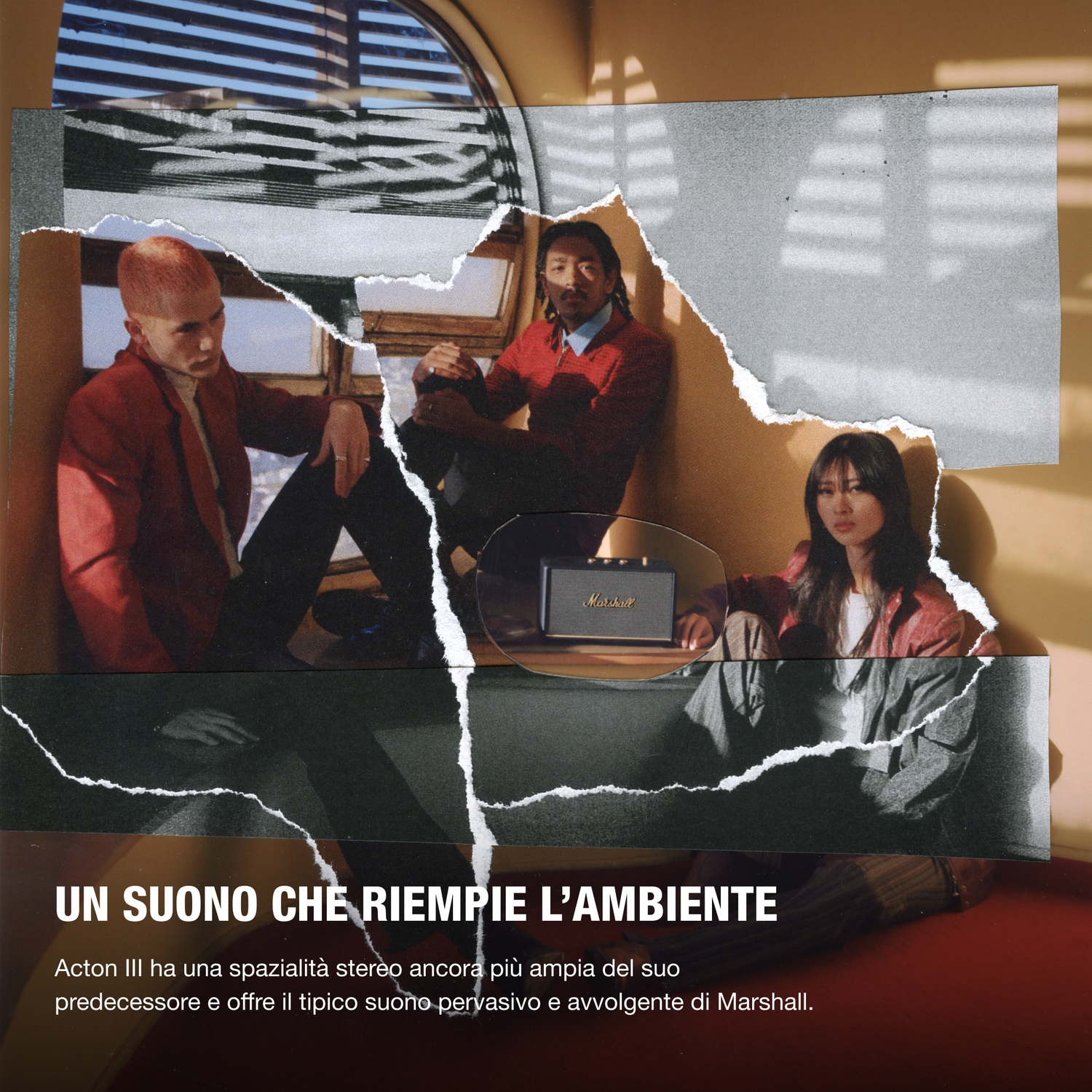Tre persone sedute attorno a un altoparlante Marshall. Stile collage.