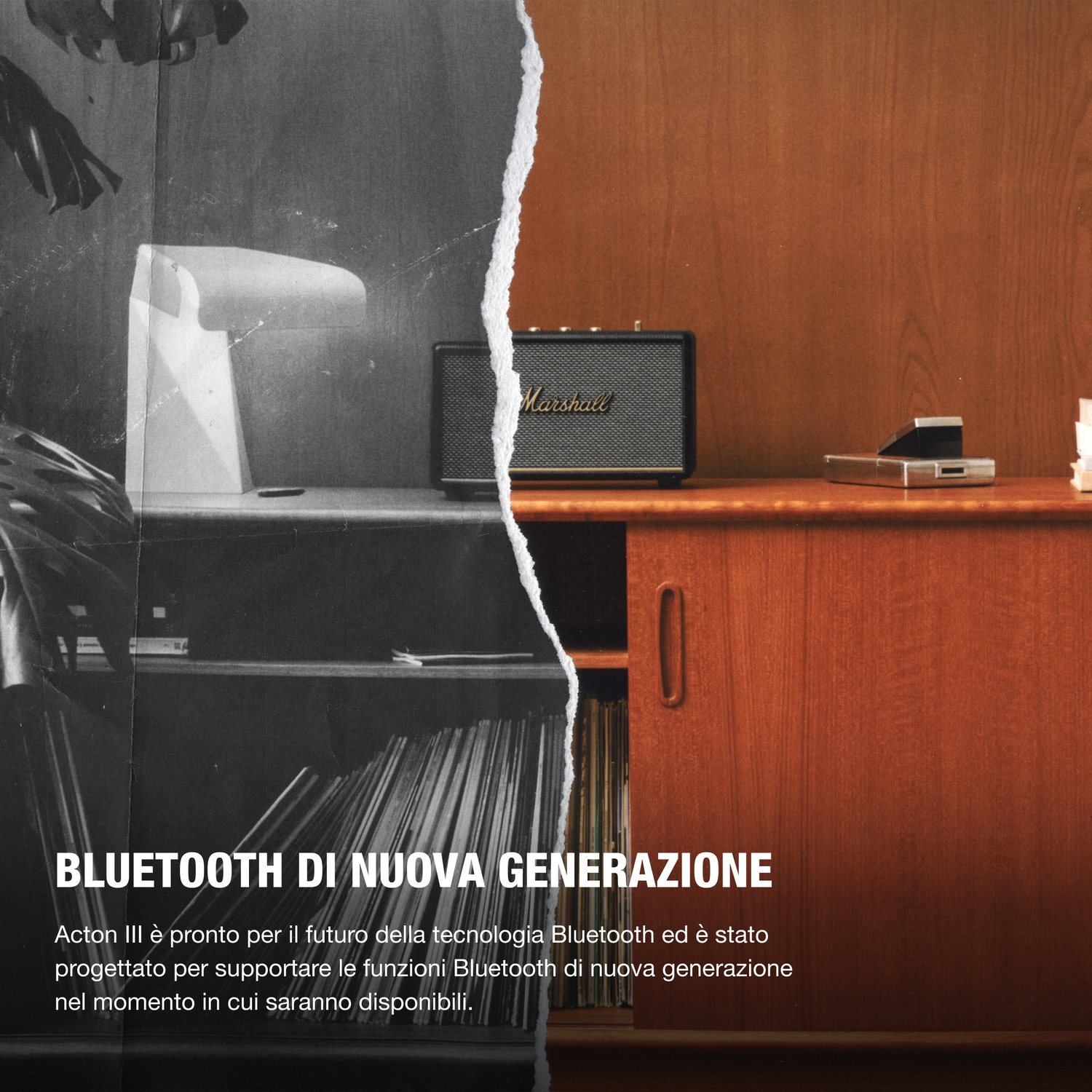 Altoparlante Marshall e una spillatrice su una mensola di legno. Sezioni bianco e nero e colore.