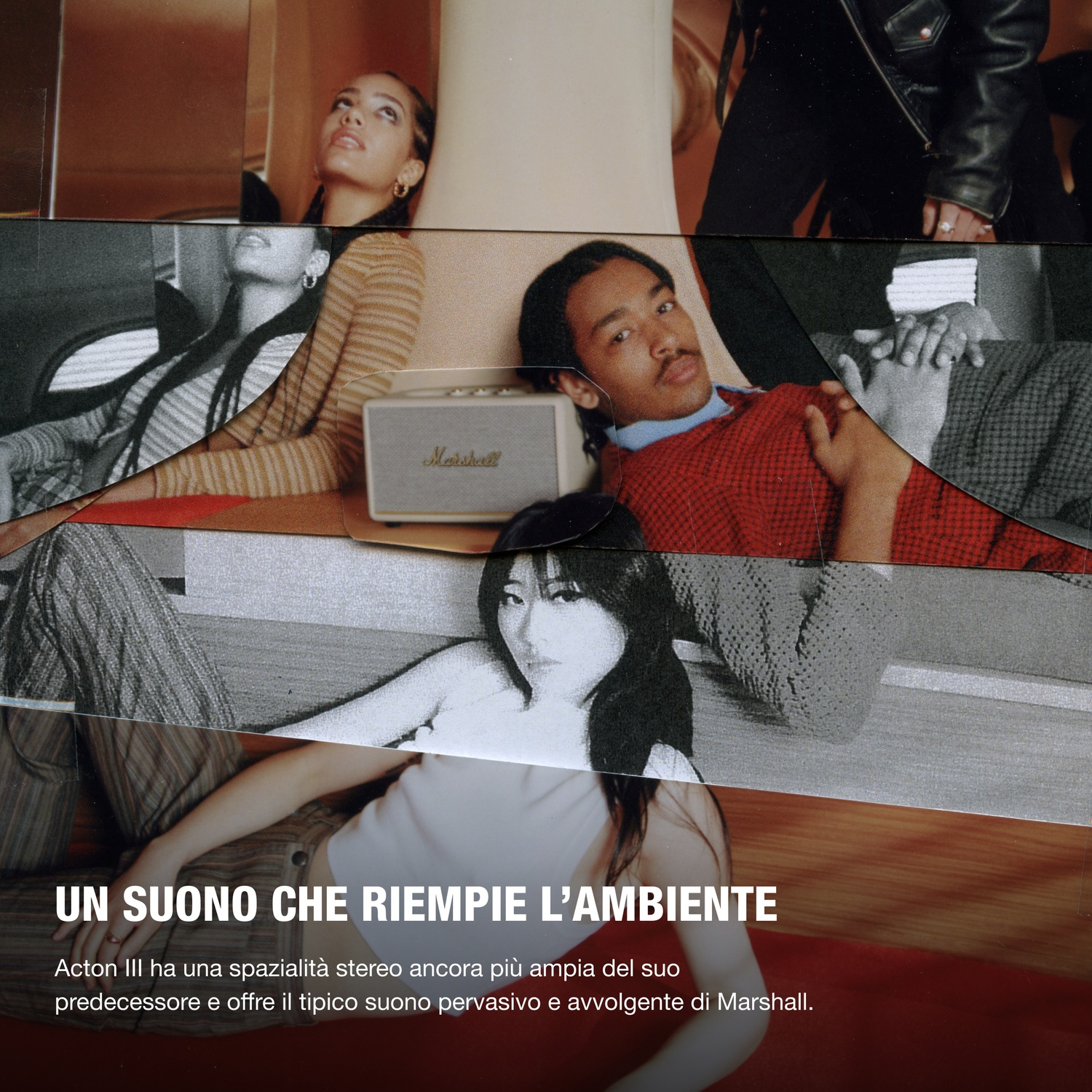 Il collage mostra persone con un altoparlante Marshall e testo in italiano.