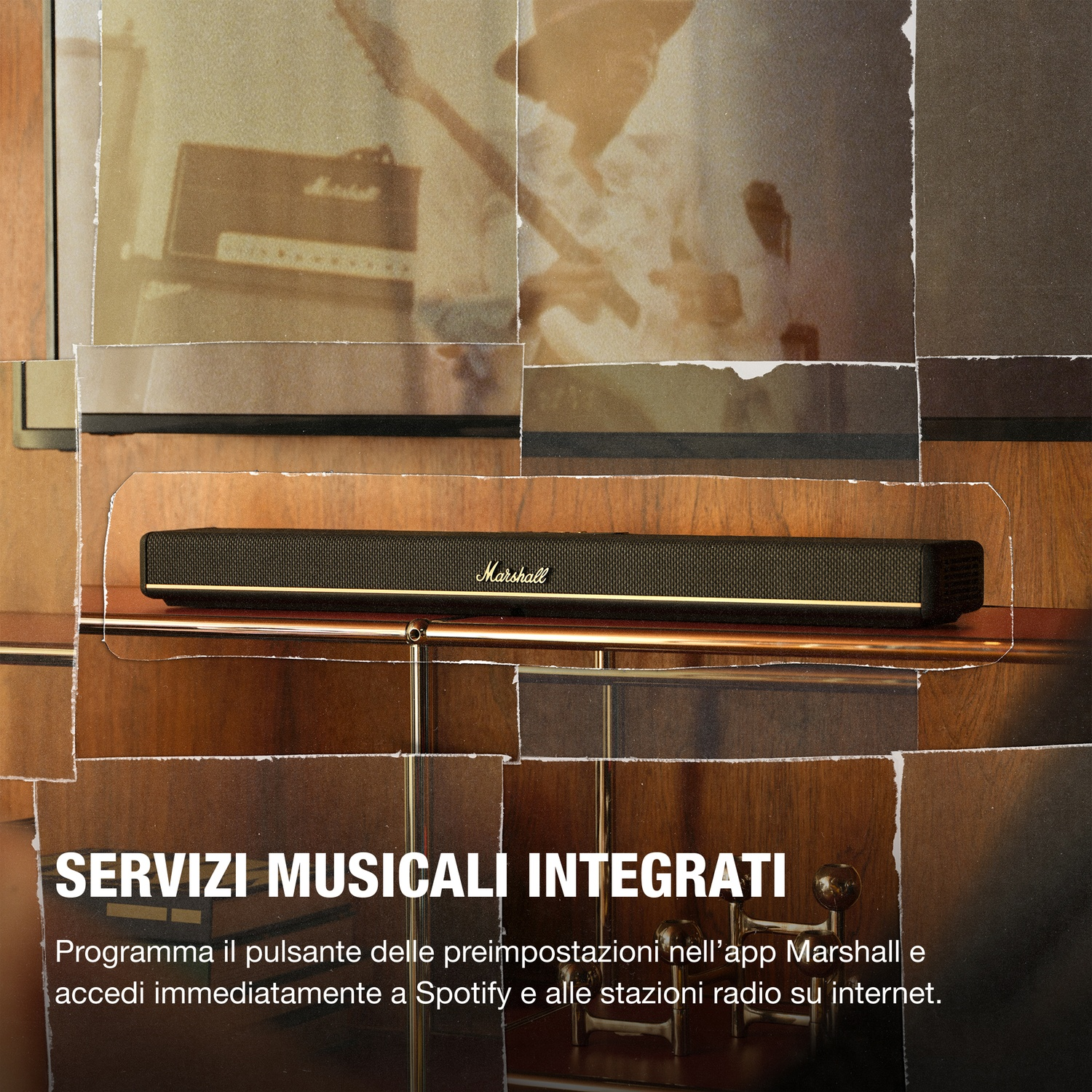 Altoparlante Marshall nero su mensola di legno, con immagini collage sullo sfondo.