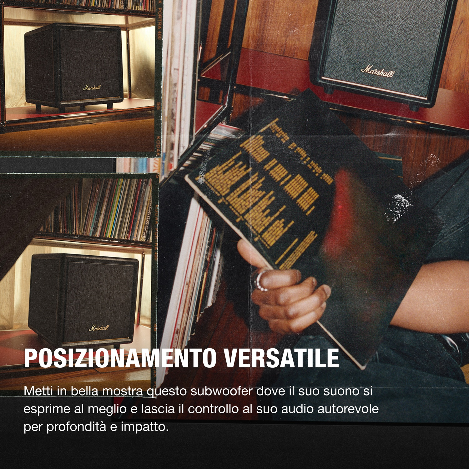Uno speaker Marshall nero è su uno scaffale accanto a dischi in vinile.