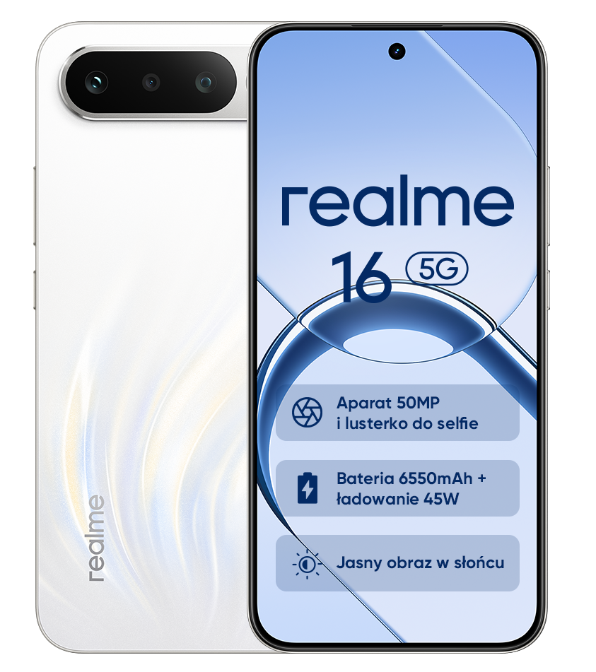 Biały smartfon Realme 16 5G z aparatem 50MP i baterią 6550mAh.