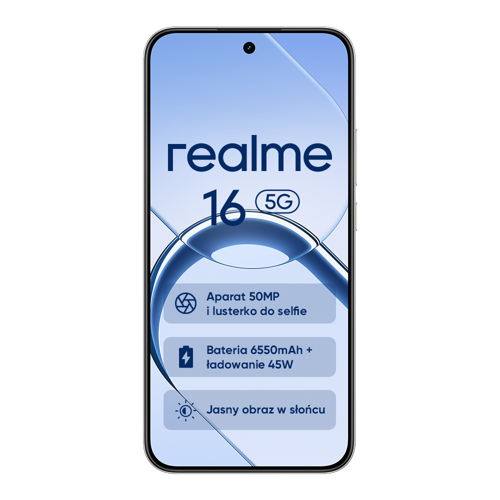 Smartfon z logo Realme 16 5G, aparatem 50MP, baterią 6550mAh.