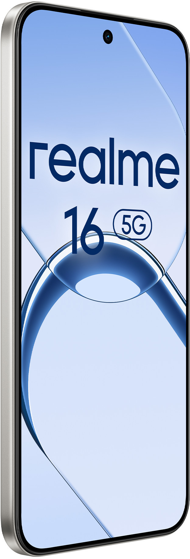 Srebrny smartfon Realme 16 5G na niebieskim tle.