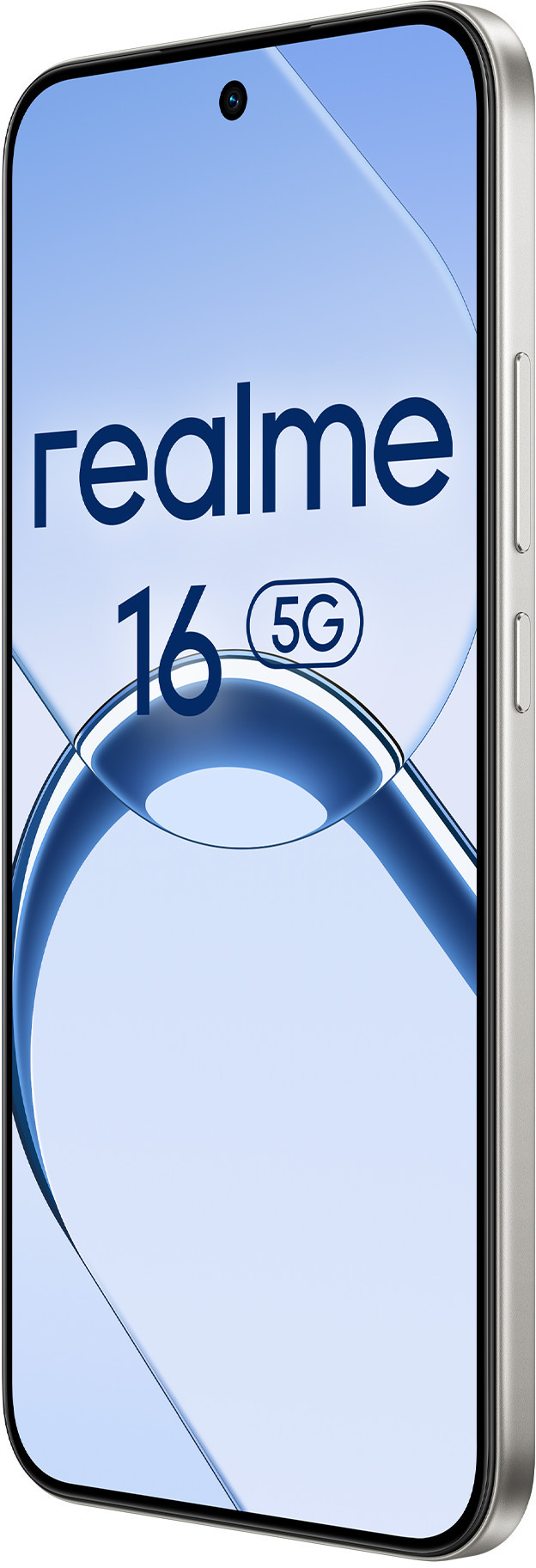 Smartfon Realme 16 5G z srebrną ramką i niebieskim tłem.