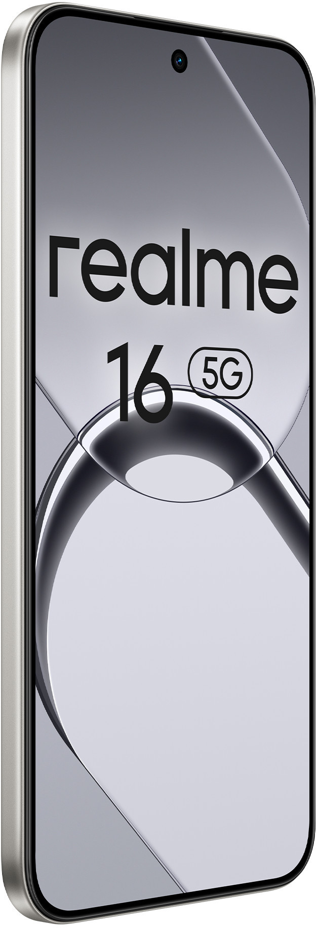 Srebrny smartfon z logo Realme 16 5G na jasnym tle.