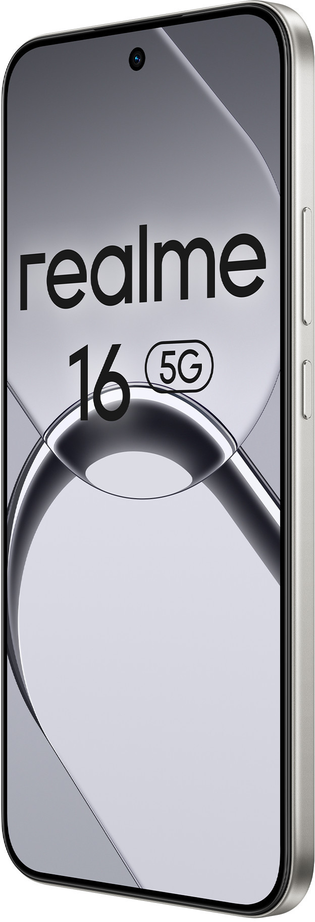 Smartfon Realme 16 5G ze srebrną ramką i przednim aparatem.