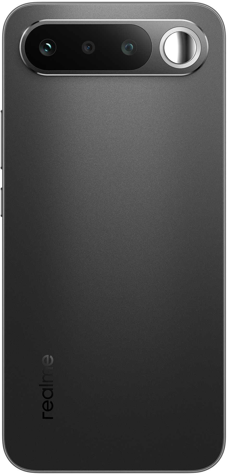 Ciemnoszare plecy smartfona z trzema aparatami i logo Realme.