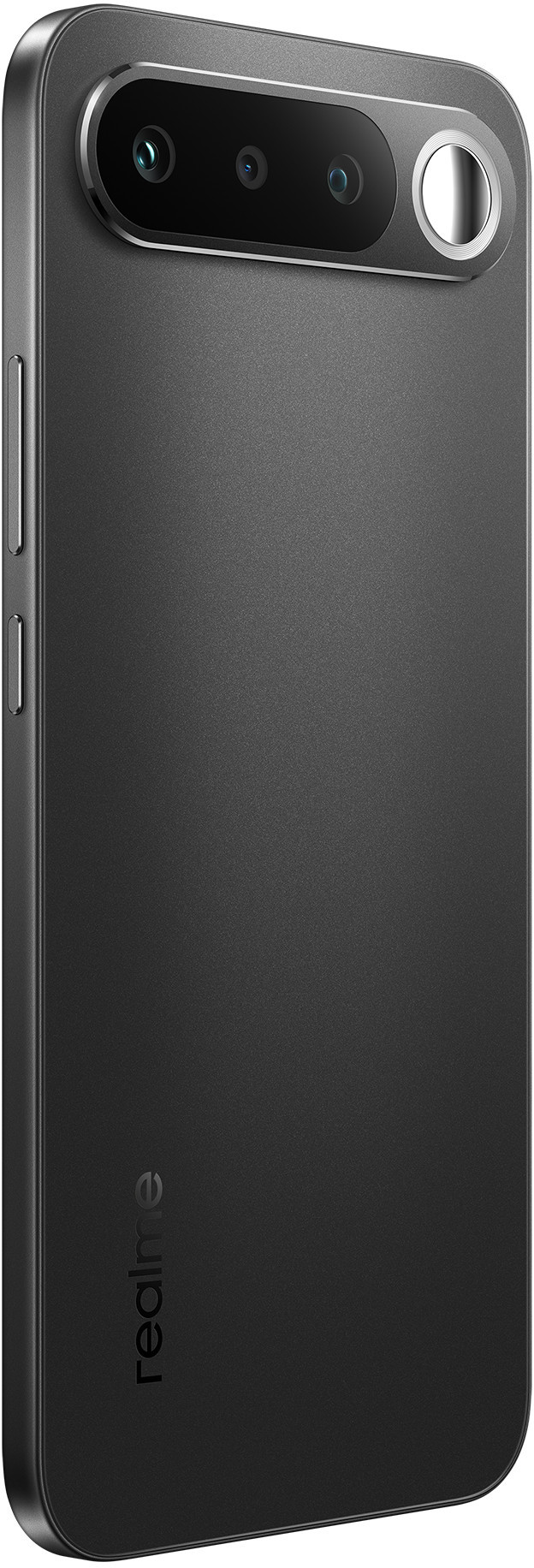 Ciemnoszare plecy smartfona z potrójnym aparatem i logo Realme.