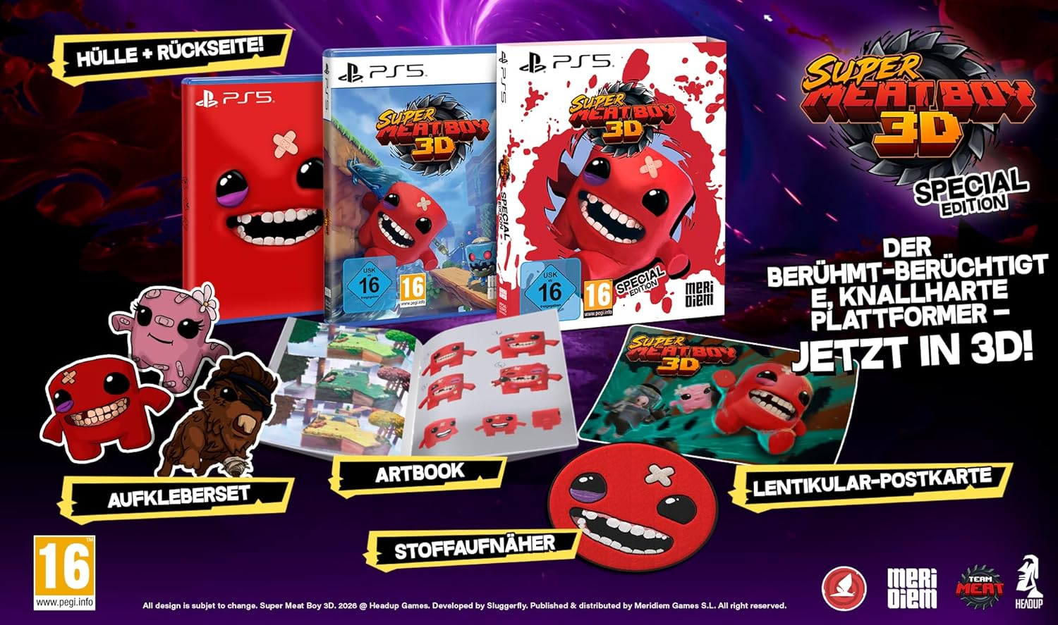 Super Meat Boy 3D Special Edition für PS5 mit Artbook, Stickern und Postkarte.