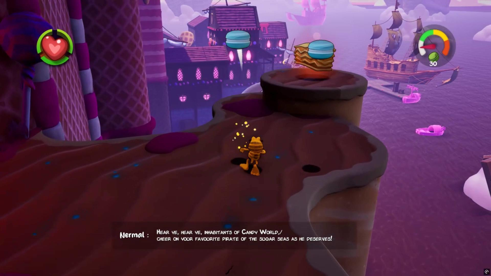 Garfield steht auf einer Schokoladenplattform mit einer Piratenstadt und einem Schiff im Hintergrund.