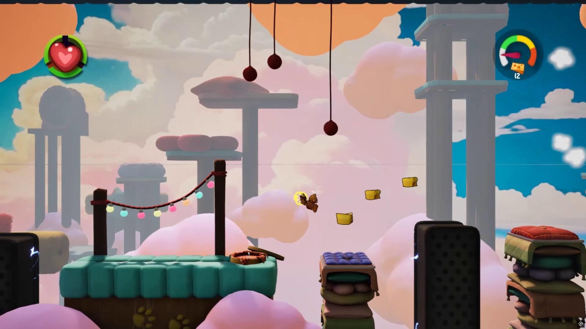 Ein Cartoon-Eichhörnchen springt über Plattformen in einer Himmelswelt mit Wolken und bunten Lichtern.