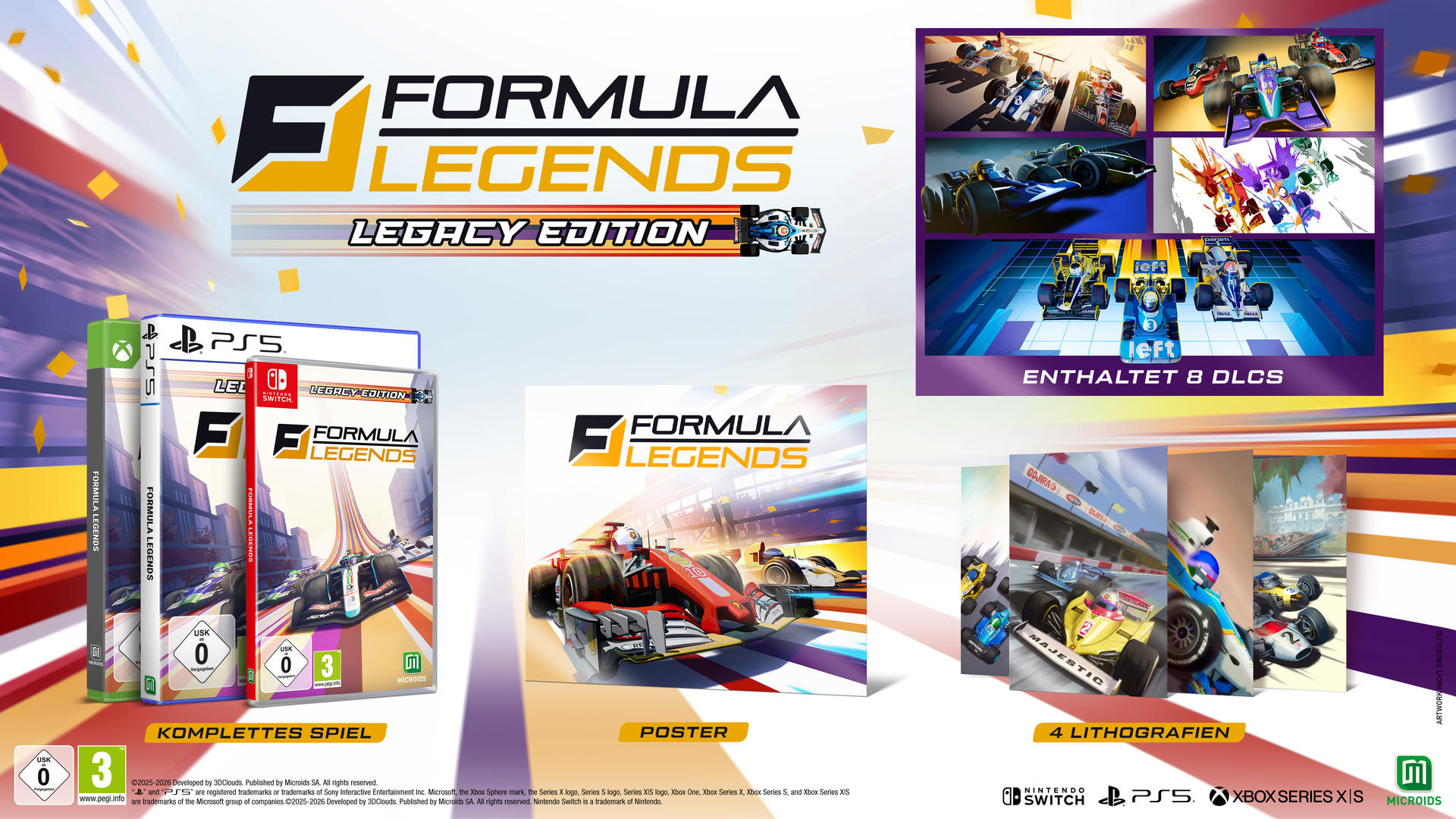 Formel-Rennspiel-Werbung mit Spielhüllen, Poster und Lithografien, die Autos zeigen.