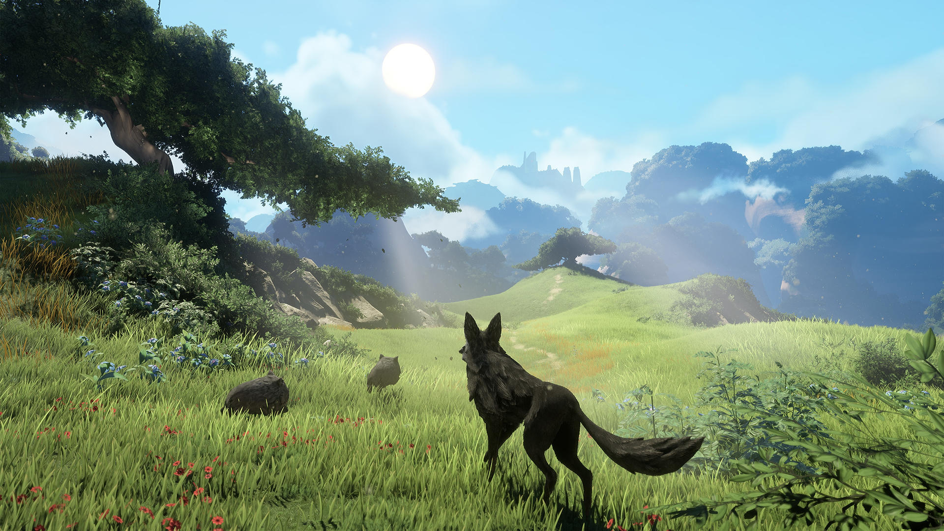 Ein schwarzer Fuchs und ein Tier im Gras vor einer bergigen Landschaft mit Sonne und Wolken.