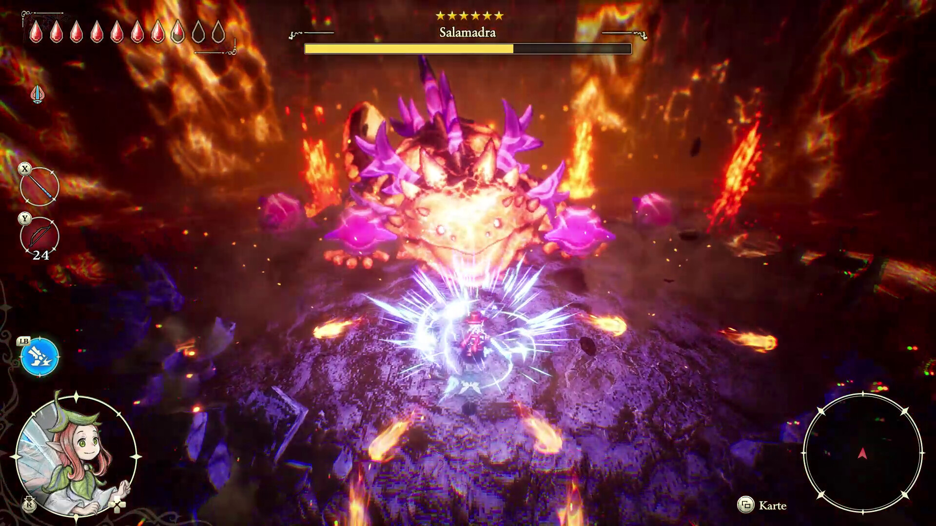 Ein Spieler kämpft gegen einen großen, rosafarbenen Salamander-Boss in einer feurigen Arena.
