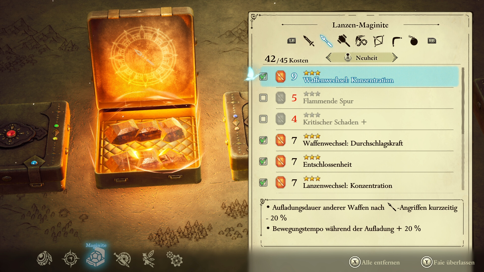 Ein offener Kasten mit leuchtenden Kristallen und ein Menü mit Gegenstandsdetails.