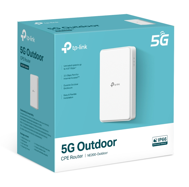 Router TP-Link 5G Outdoor CPE na turkusowym pudełku z obrazkiem produktu.