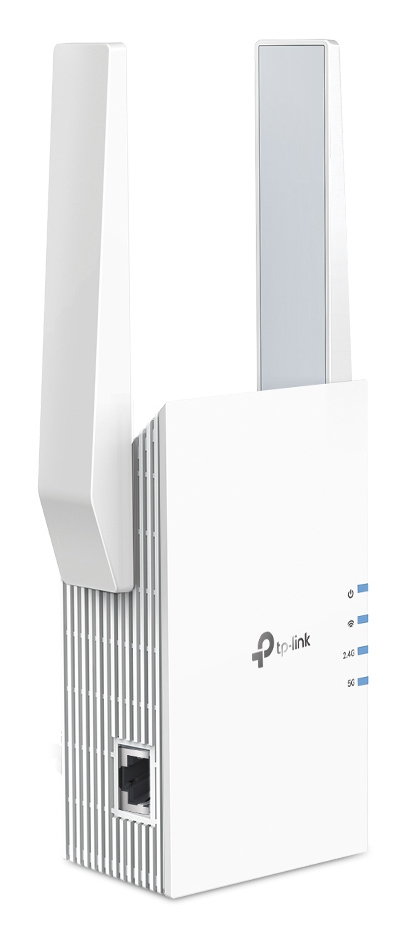Biały wzmacniacz Wi-Fi TP-Link z dwiema antenami i lampkami kontrolnymi.