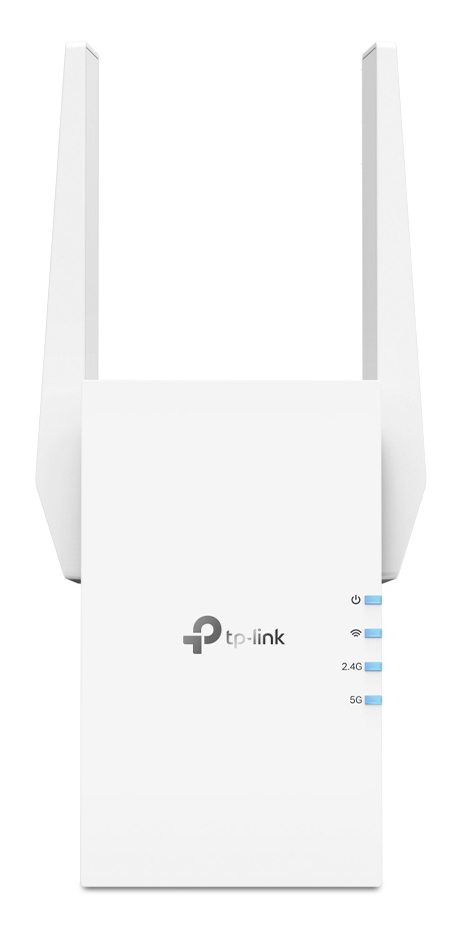 Biały wzmacniacz Wi-Fi TP-Link z dwiema antenami i diodami LED zasilania, 2,4 GHz i 5 GHz.