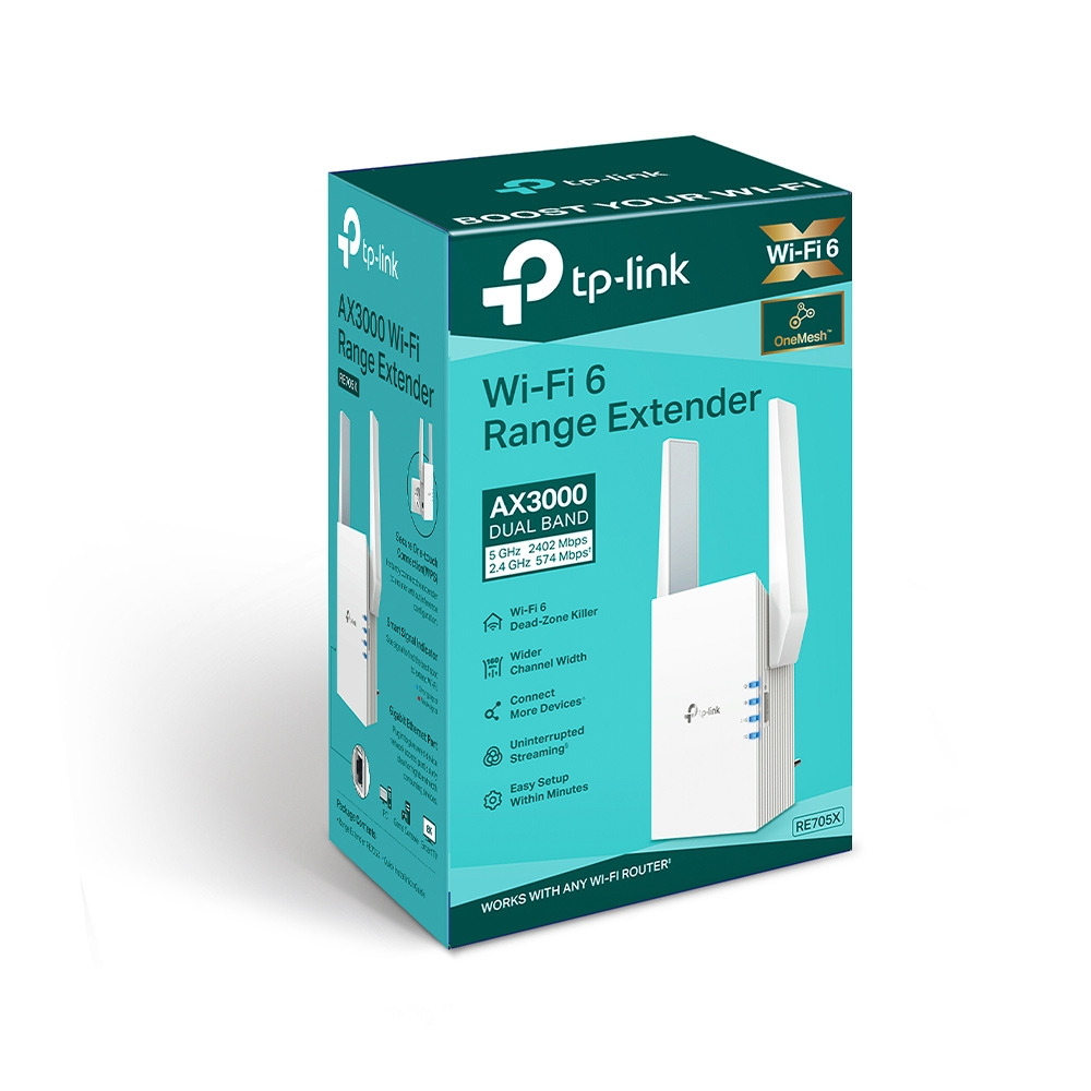 Wzmacniacz Wi-Fi TP-Link AX3000 z dwiema antenami na białym pudełku.