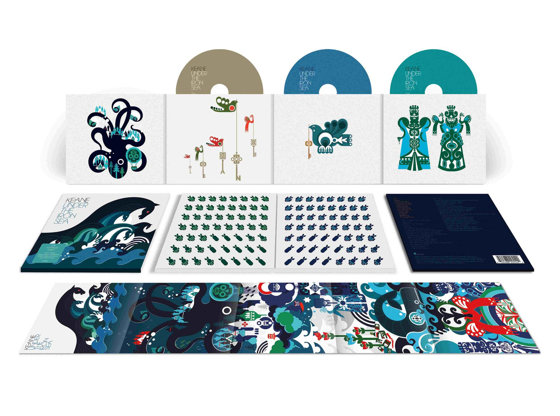 Mehrere CDs und Vinyl-Cover mit abstrakten und stilisierten Illustrationen von Meeresleben und Figuren.
