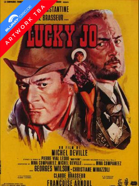 Filmplakat für Lucky Jo mit drei Hauptdarstellern, darunter ein Mann mit Hut.