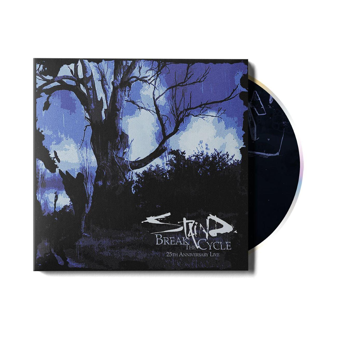 Boîtier CD avec art d'arbre, bleu, pluie, logo groupe 'Staind Break The Cycle'.