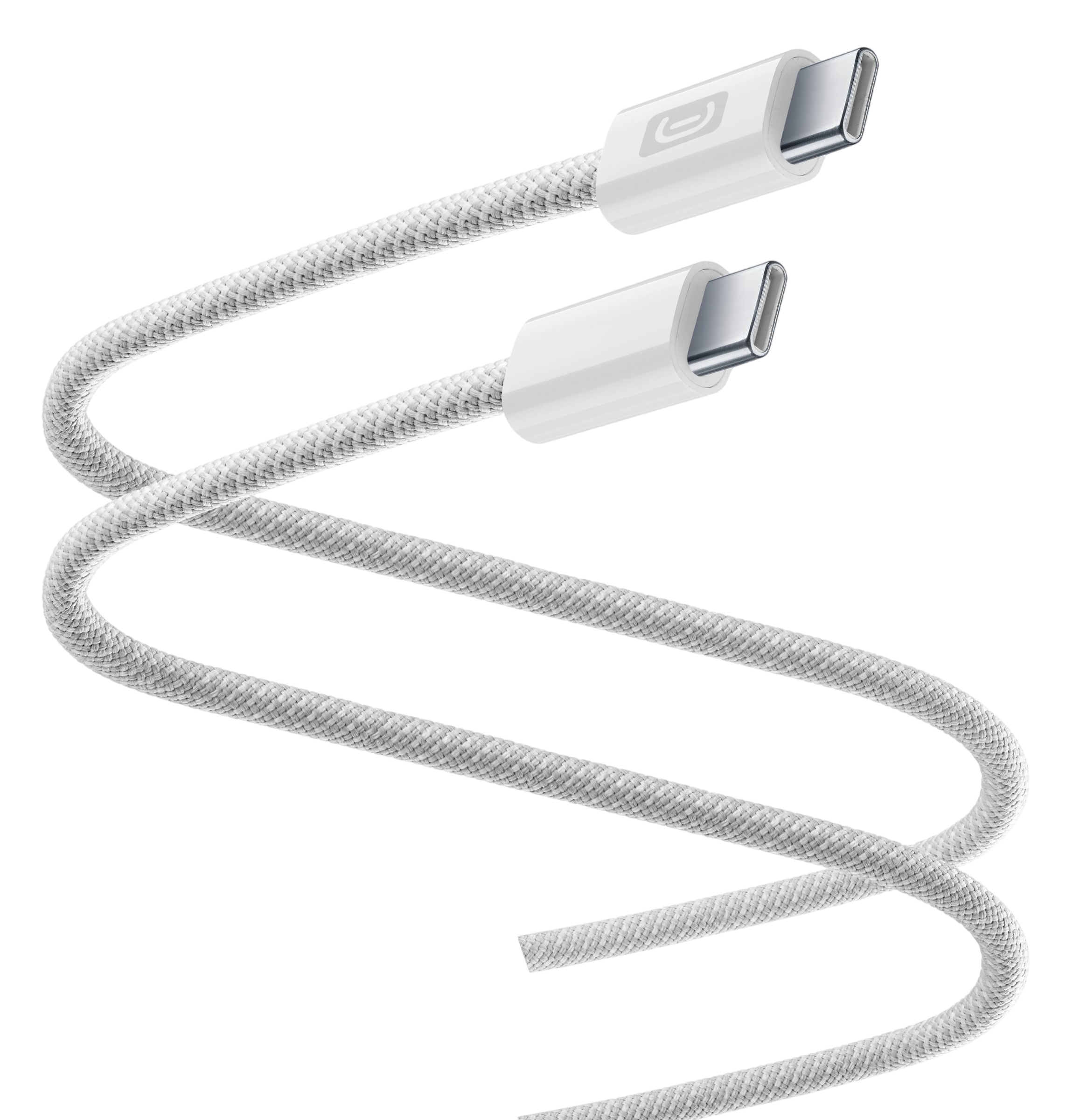 Siyah arka plan üzerinde kıvrımlı, örgülü kumaş kaplı beyaz USB-C kablosu.
