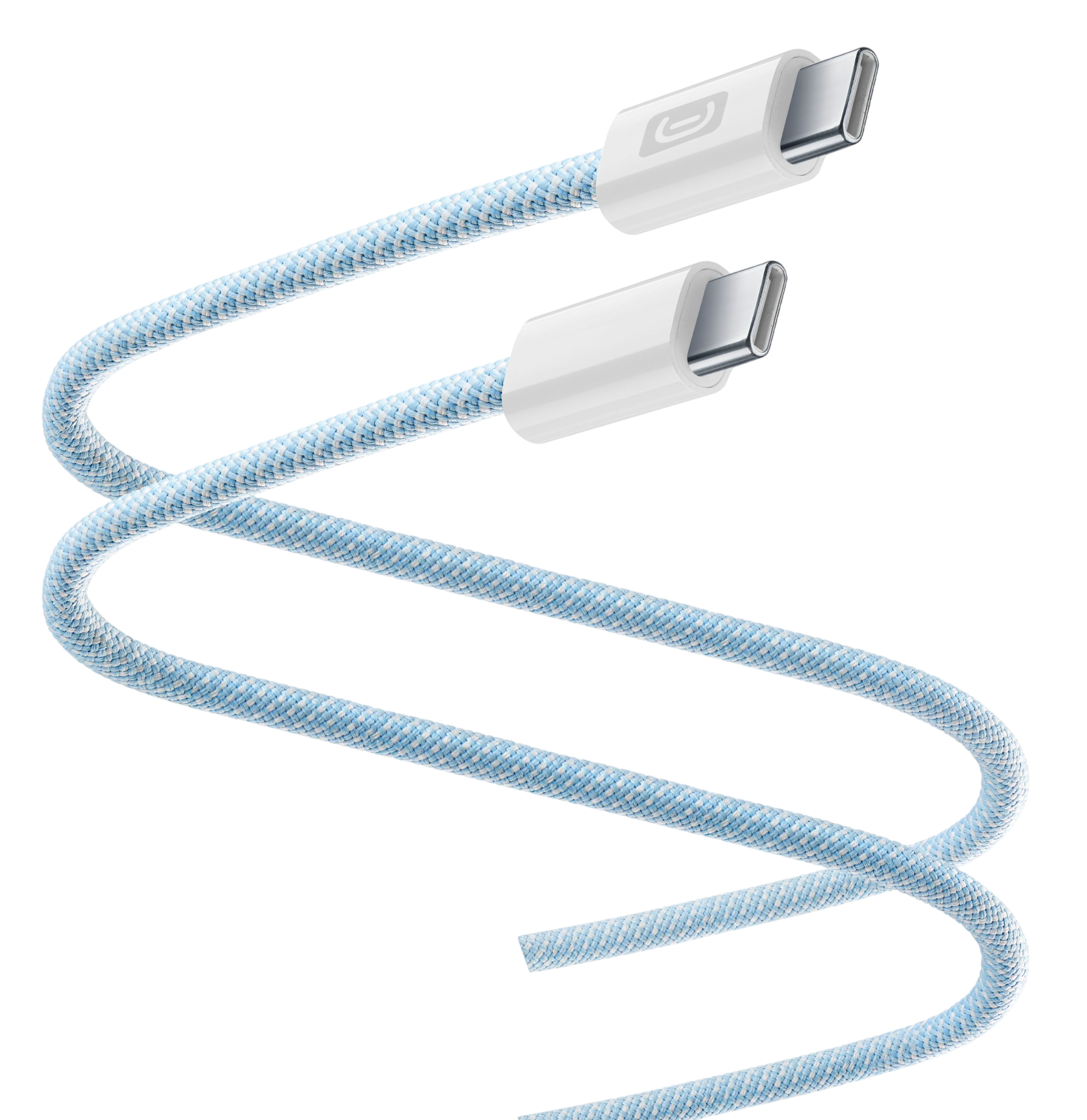 Siyah arka plan üzerinde beyaz konektörlü mavi-beyaz örgülü USB-C kablosu.