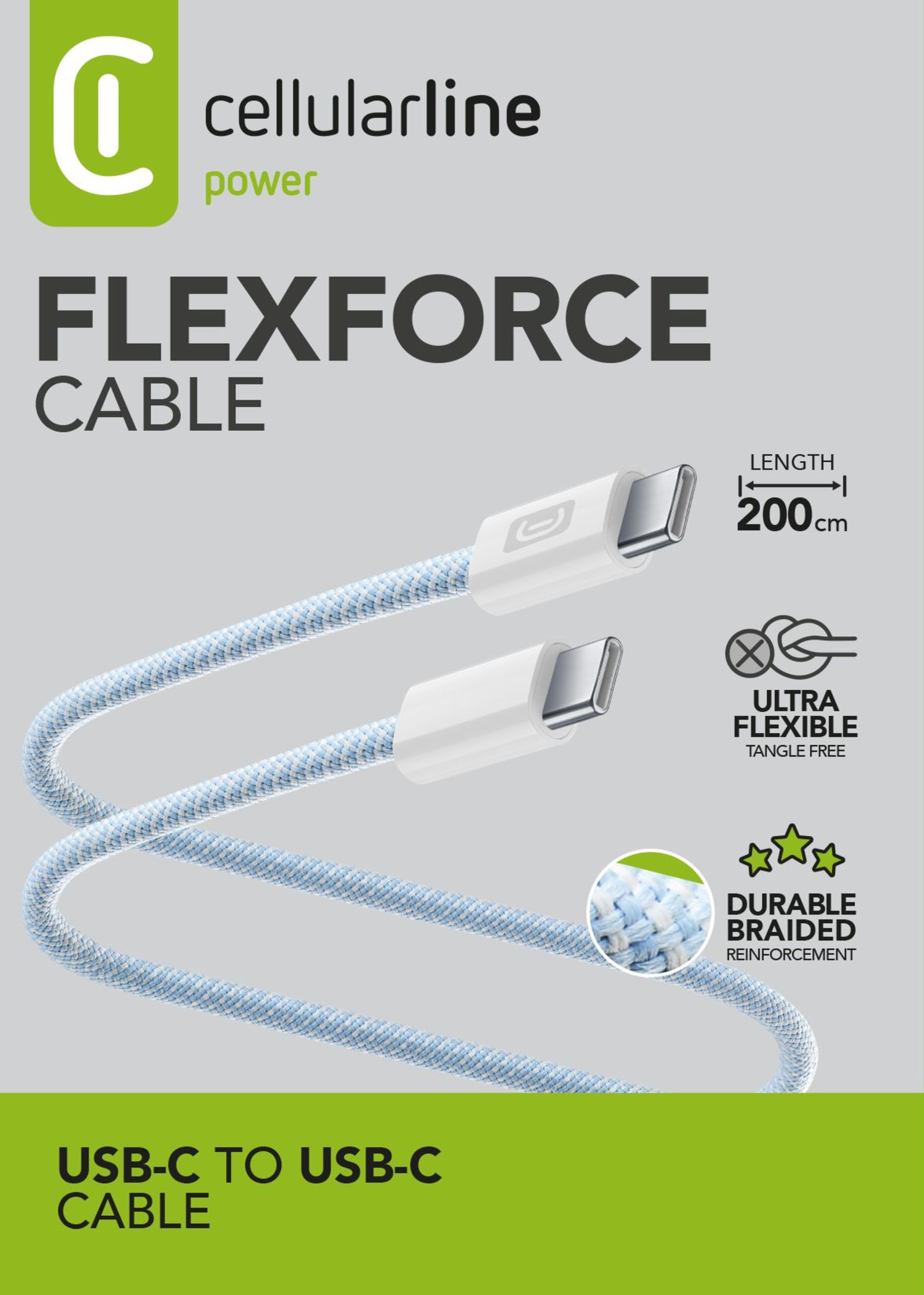Cellularline'dan mavi ve beyaz örgülü USB-C - USB-C kablosu.