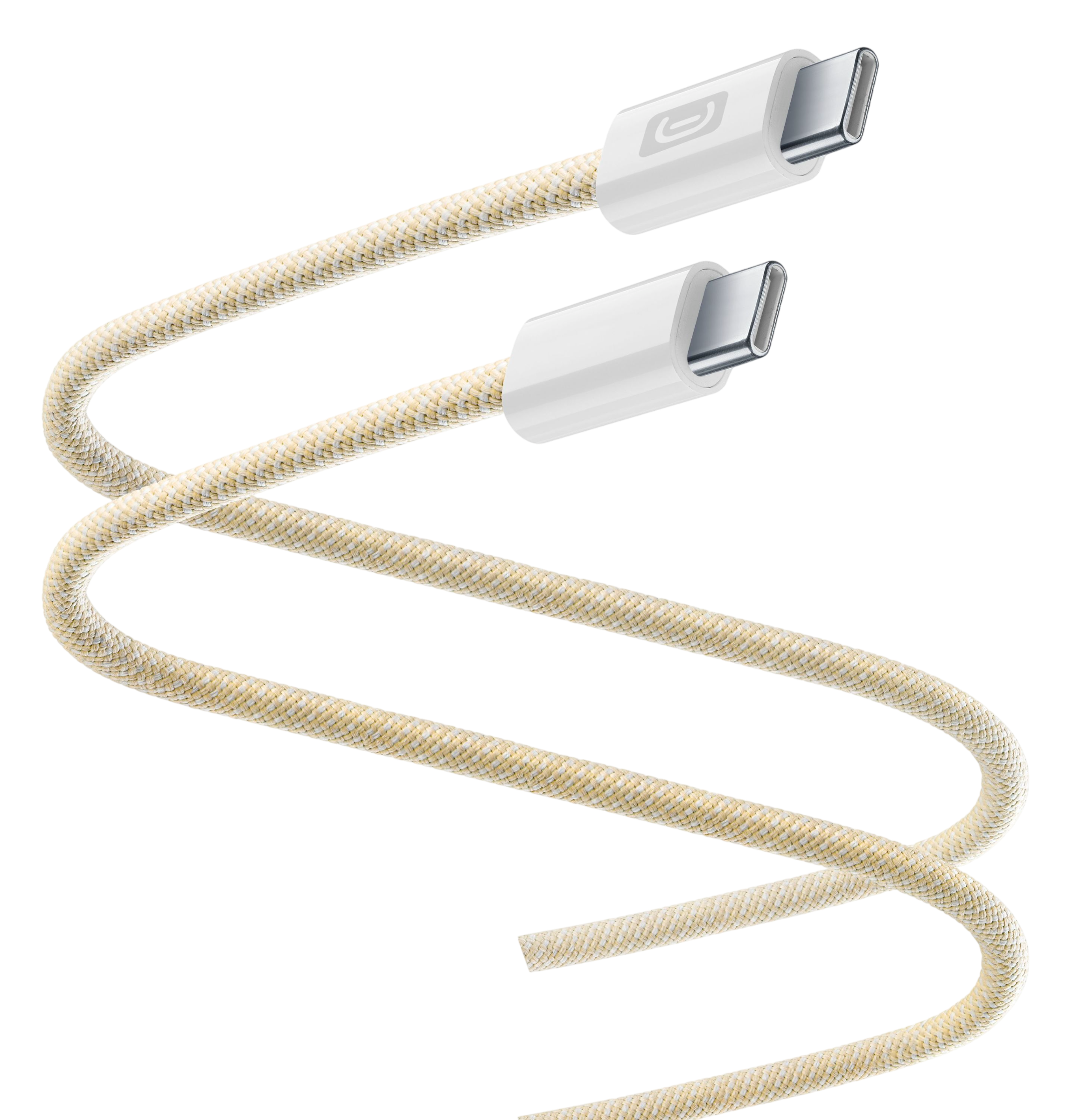 Örgülü bej kumaş kablolu beyaz USB-C kablosu ve gümüş konektörler.
