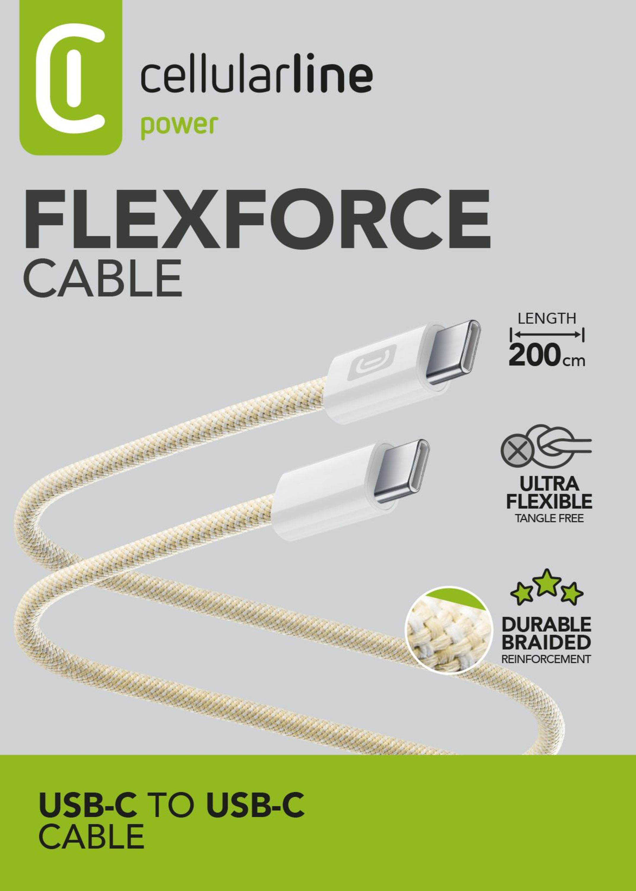 Cellularline marka beyaz-sarı USB-C'den USB-C'ye kablo, 200cm, dayanıklı ve esnek.