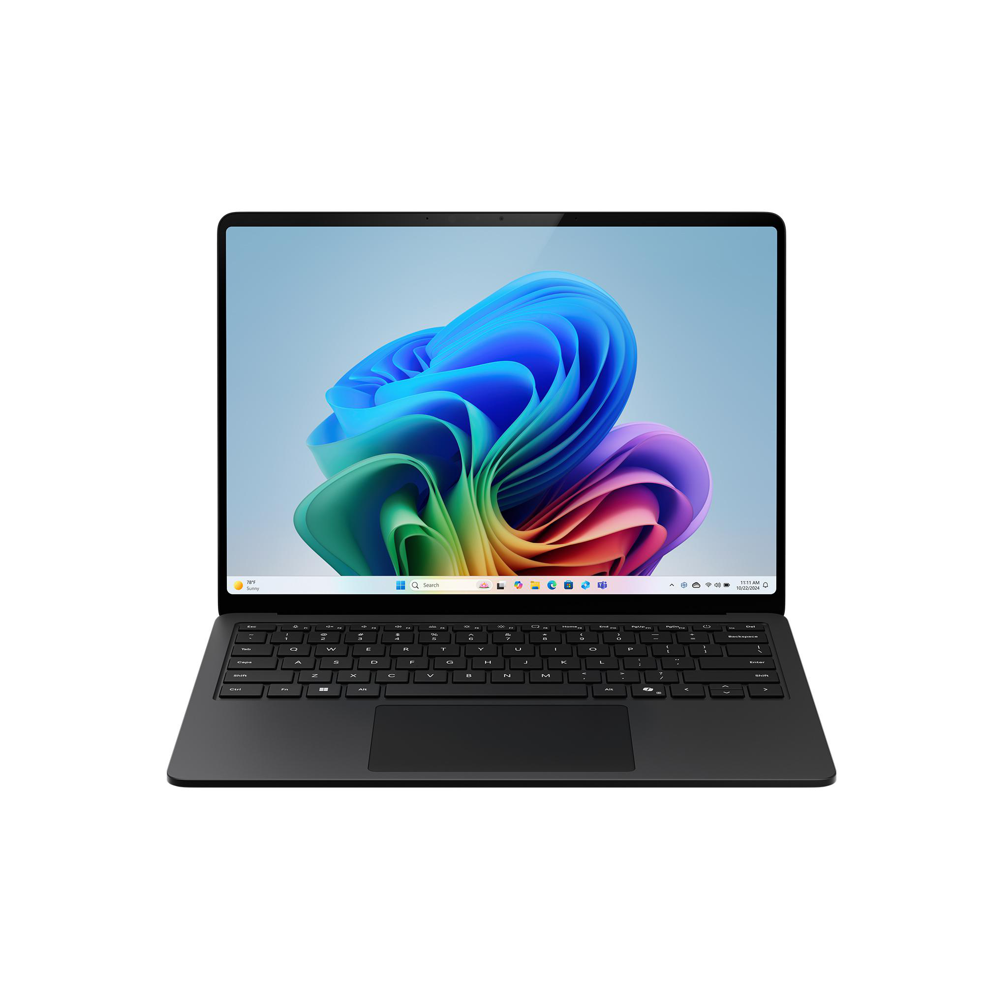 Schwarzer Laptop mit geöffnetem Bildschirm, der ein farbenfrohes abstraktes Bild zeigt.