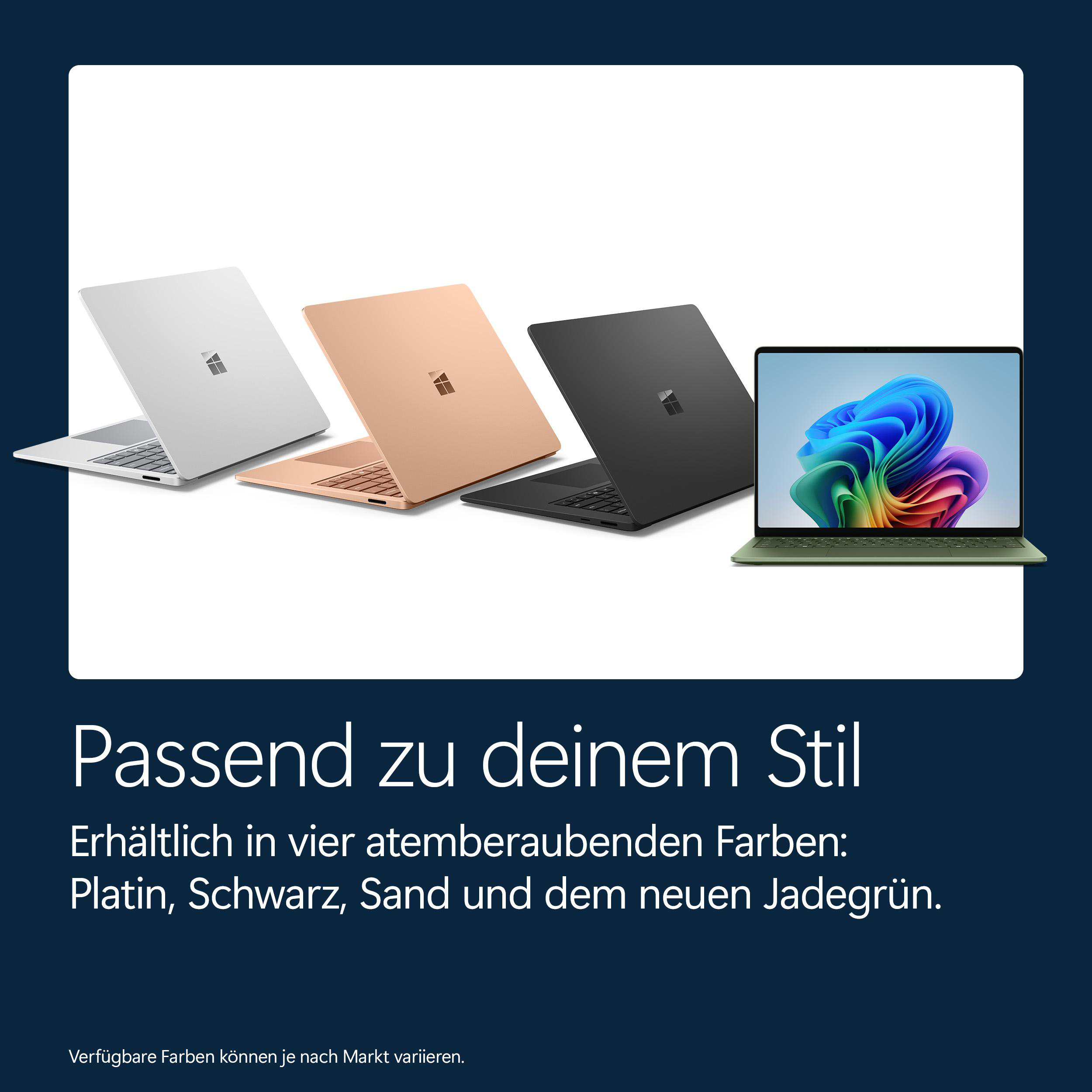 Vier Laptops in Platin, Sand, Schwarz und Grün. Ein Laptop zeigt einen bunten Hintergrund.