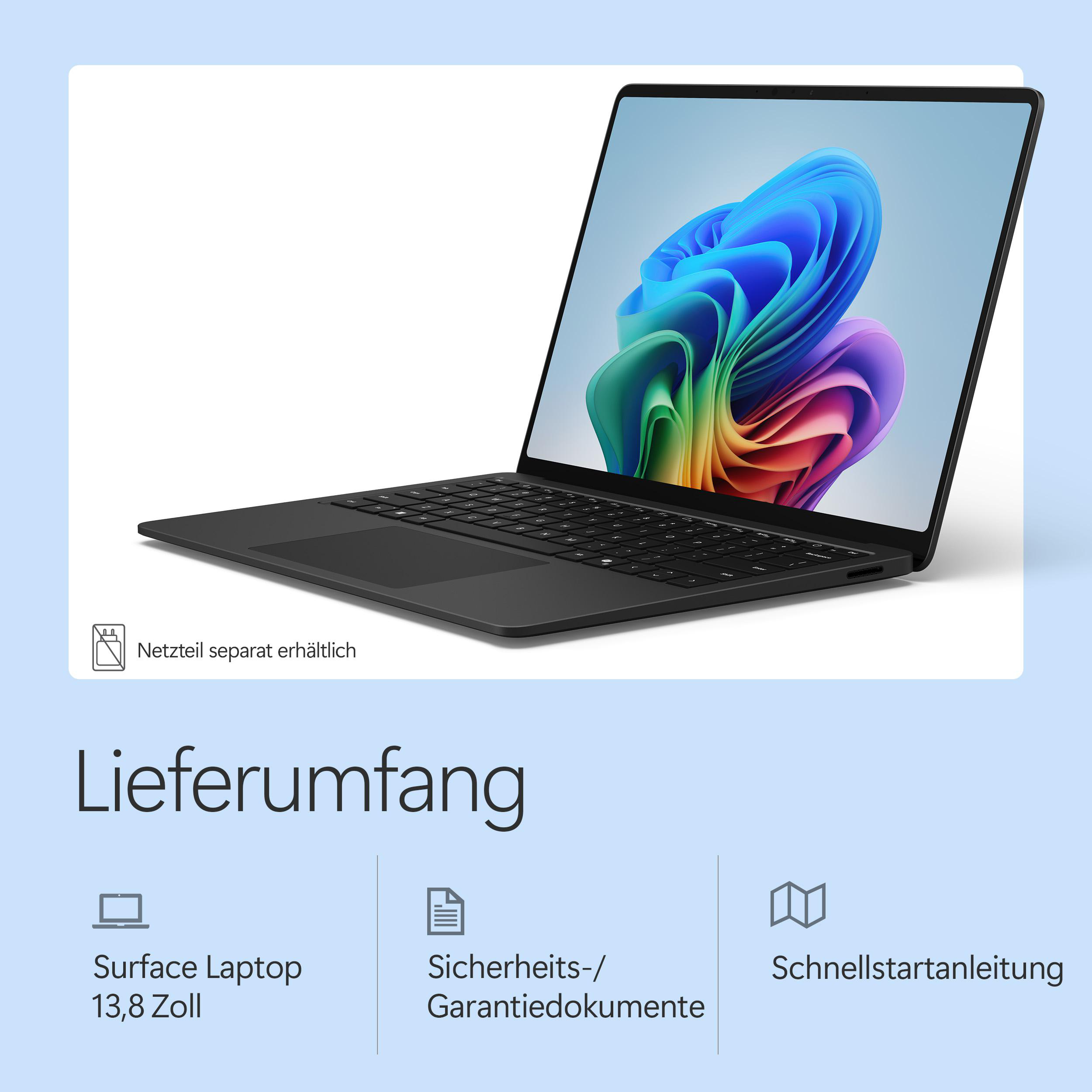 Schwarzer Laptop mit buntem Hintergrundbild. Netzteil separat erhältlich.
