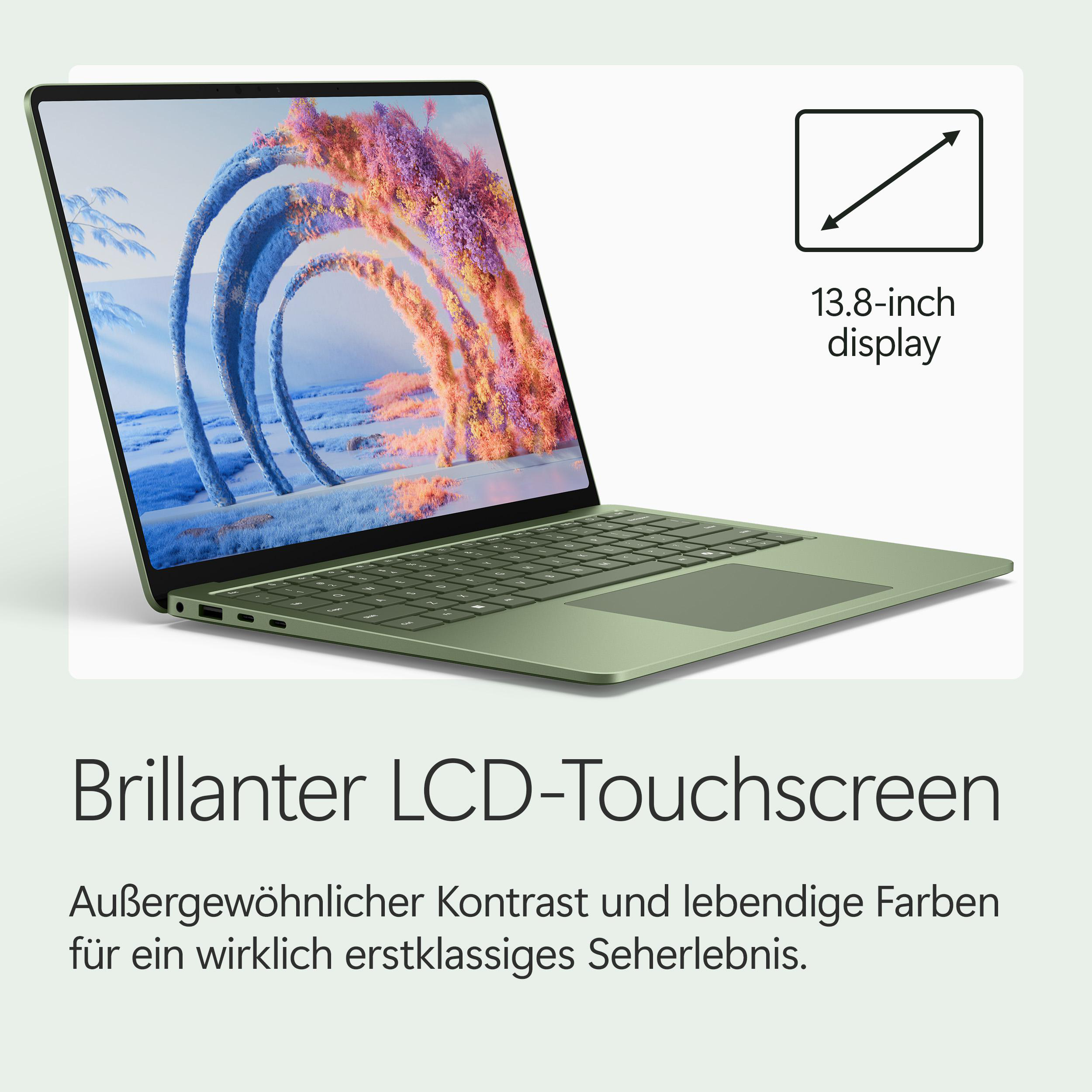 Ein grüner Laptop mit 13,8-Zoll-Touchscreen, der ein lebendiges Bild zeigt.