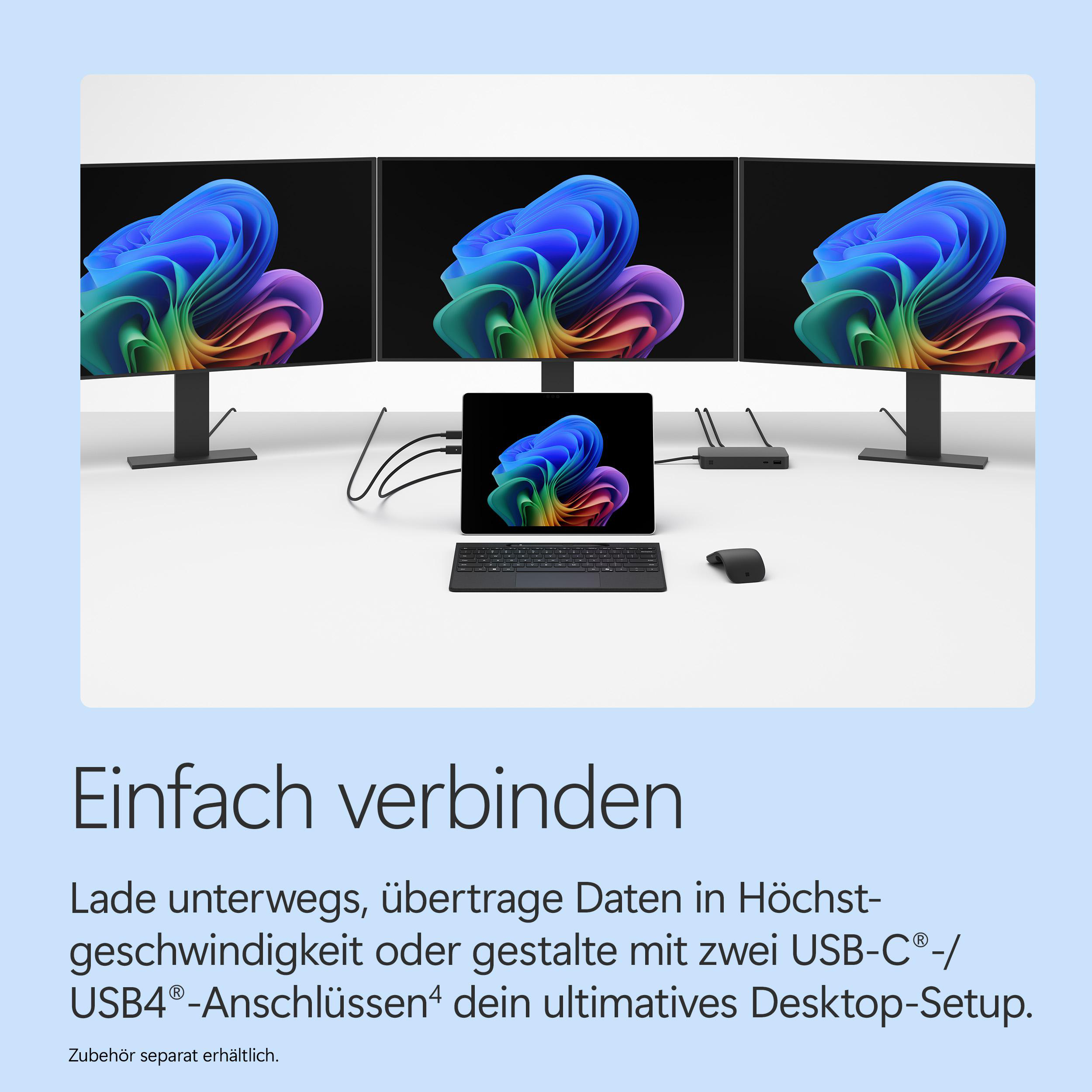Drei Monitore, ein Tablet, Tastatur und Maus sind verbunden.