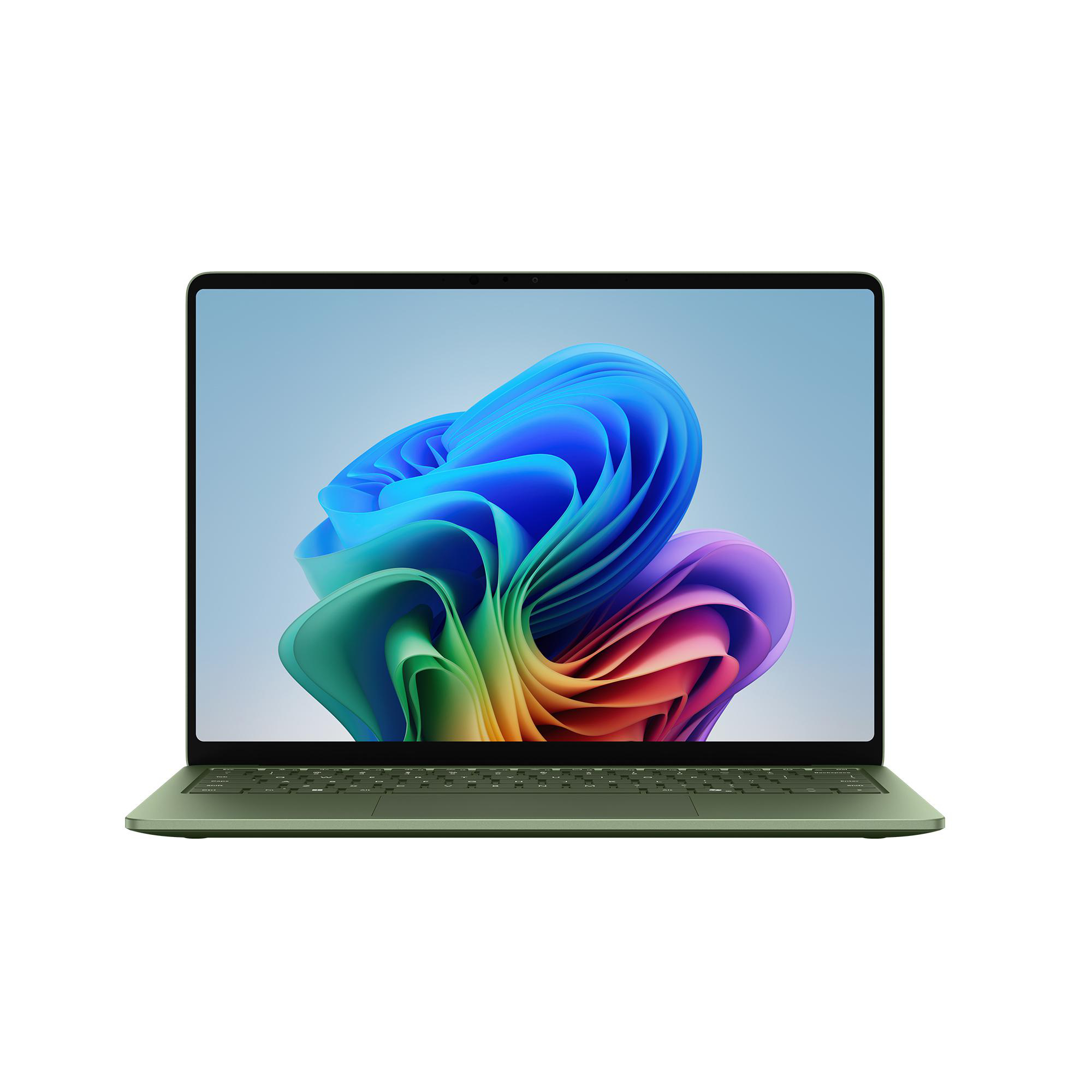 Ein geschlossener grüner Laptop mit bunter abstrakter Grafik auf dem Bildschirm.