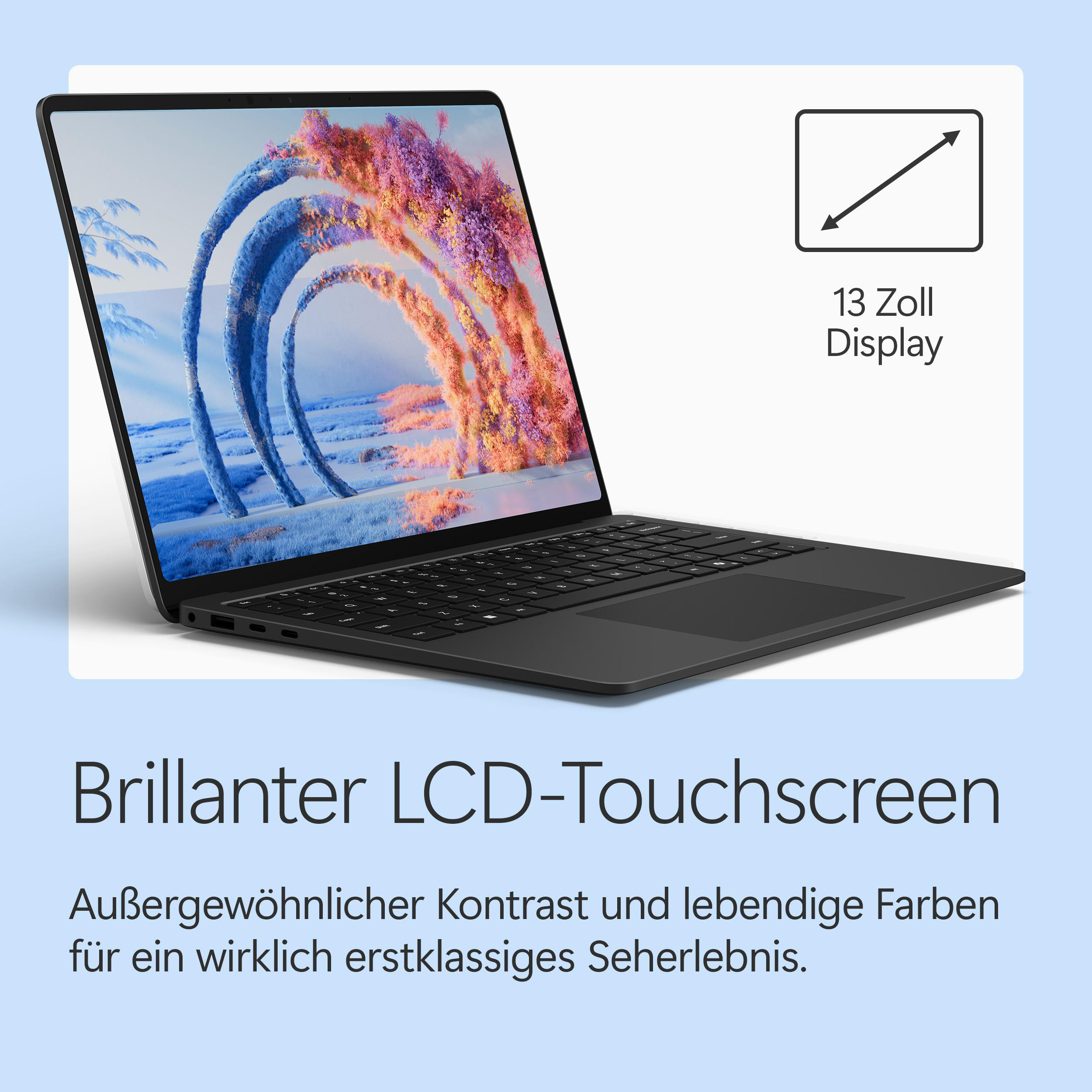 Schwarzer Laptop mit brillantem 13-Zoll-Touchscreen und abstrakter Anzeige.