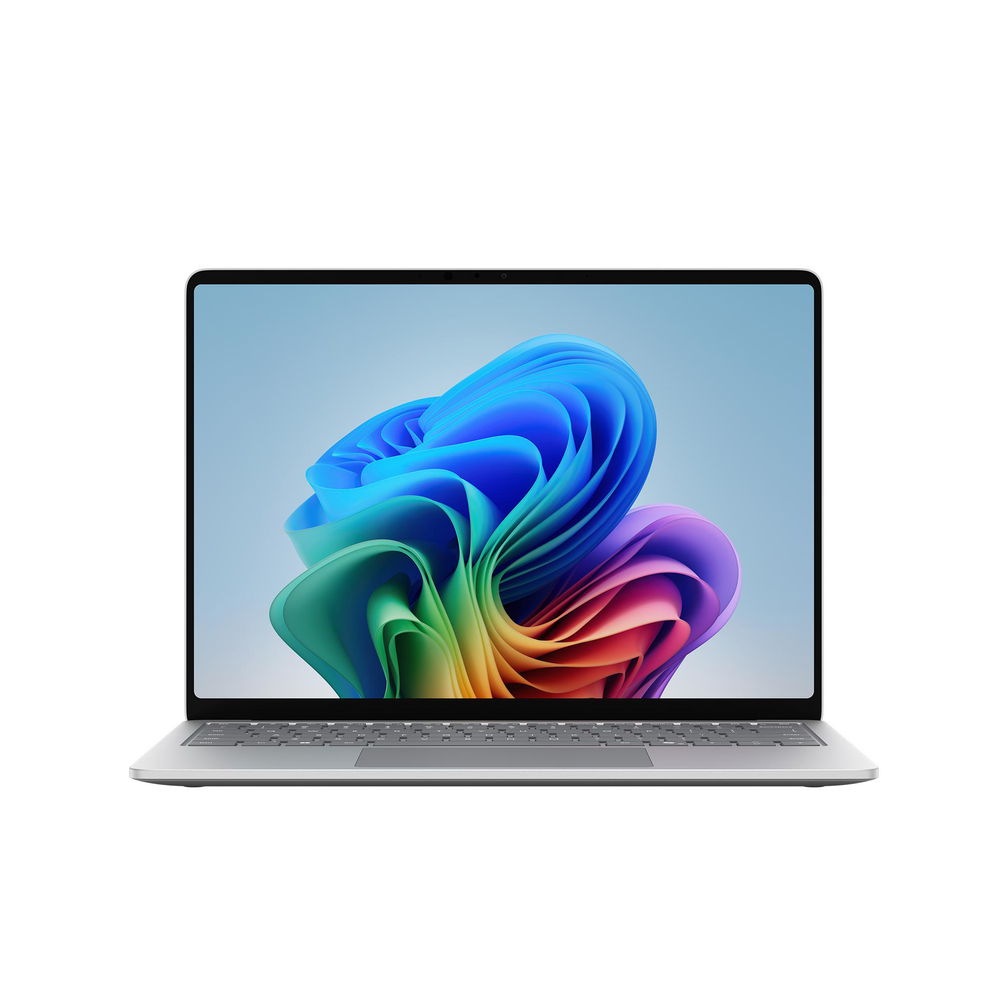 Ein silberner Laptop mit einem bunten, abstrakten Hintergrund auf dem Bildschirm.