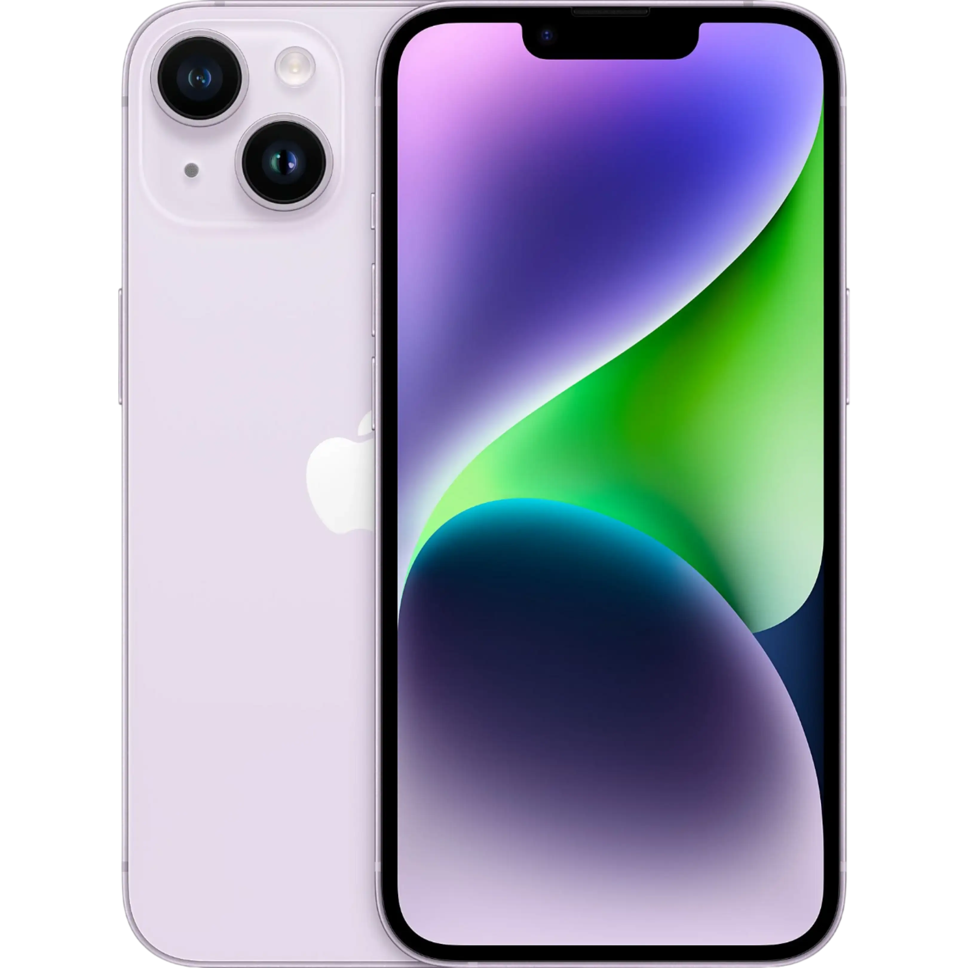 Çift kameralı, boş ekranlı açık mor iPhone 14.