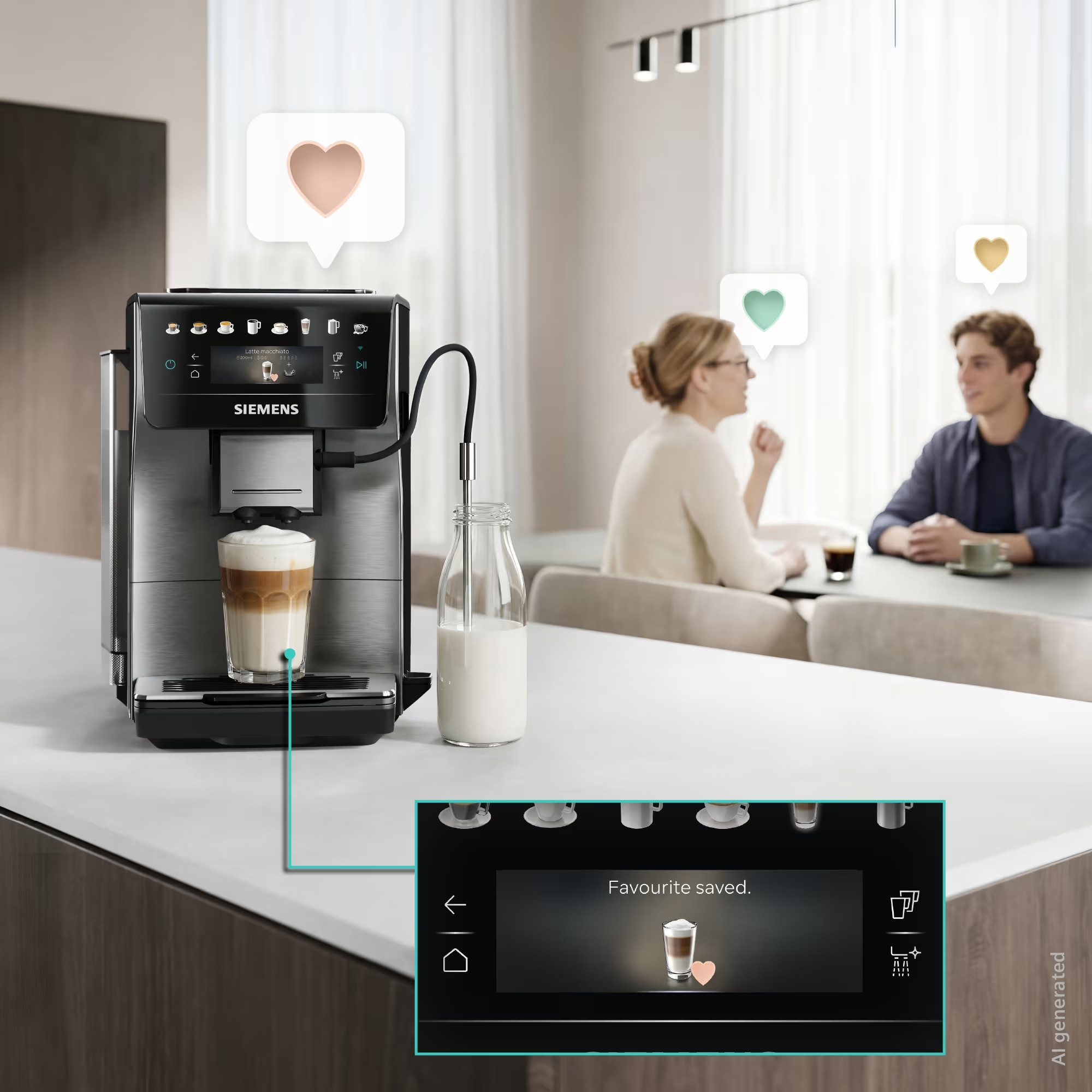 Ekspres do kawy z latte macchiato, butelką mleka i parą w tle.