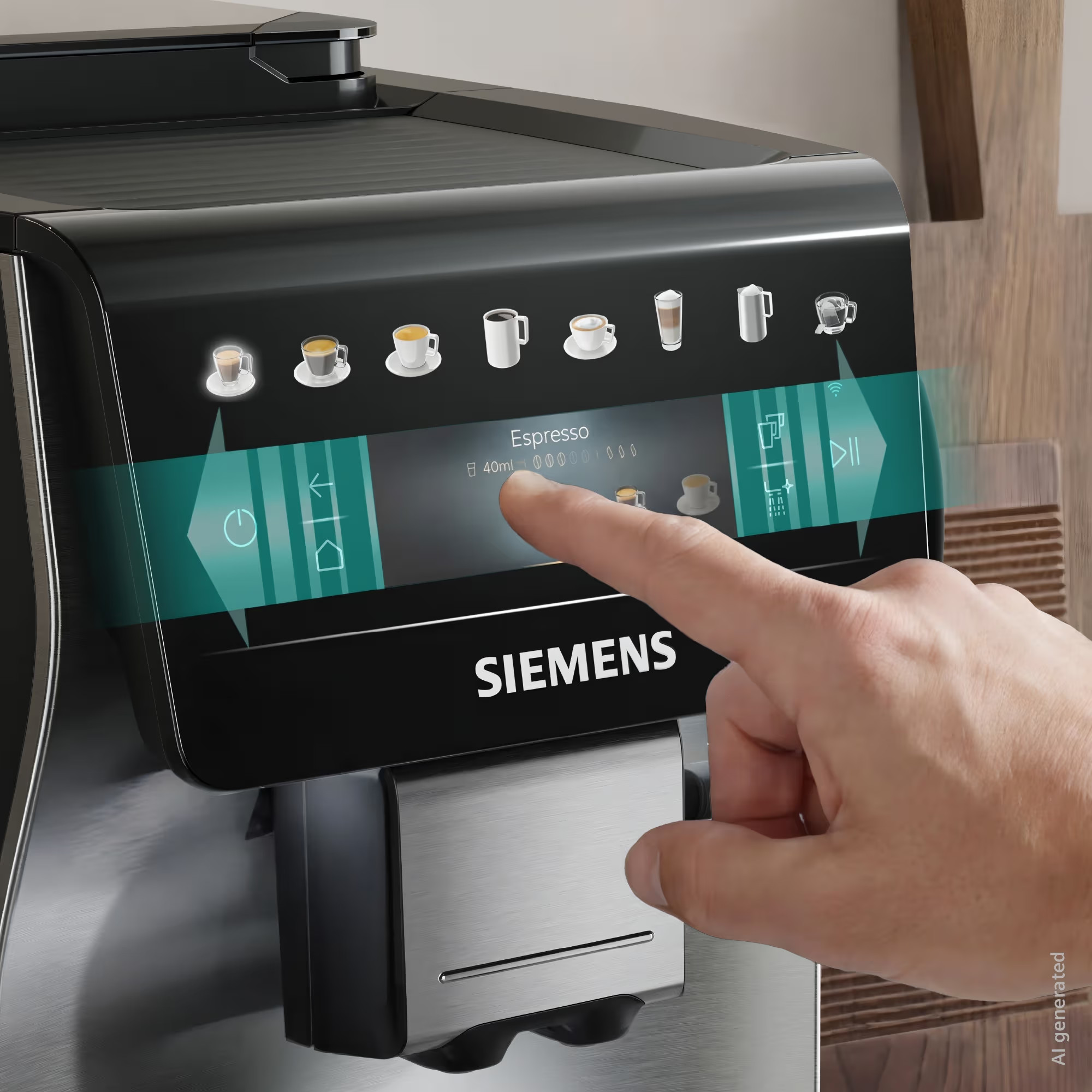 Dłoń dotyka ekranu ekspresu do kawy Siemens, aby wybrać espresso.