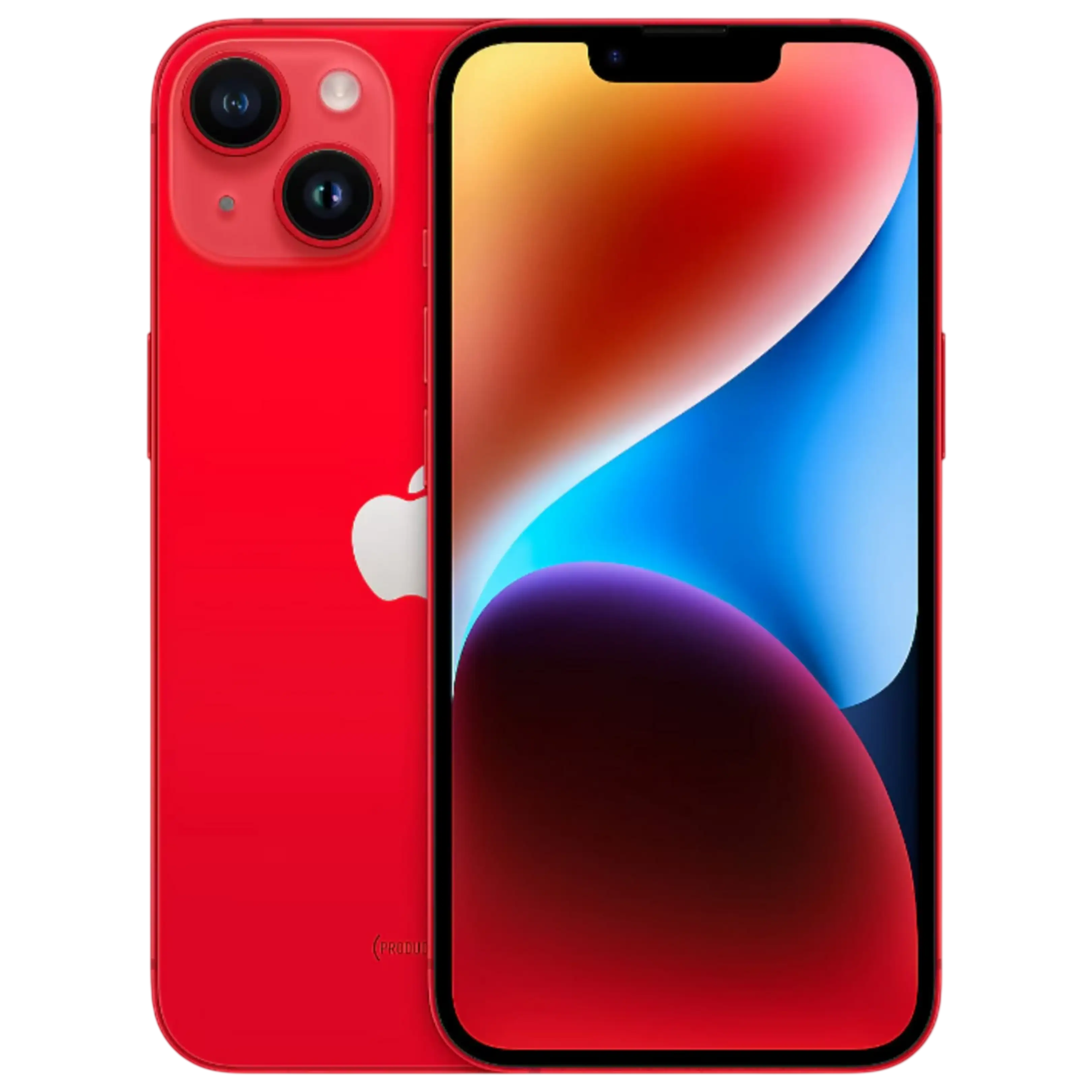 Renkli duvar kağıtlı, çift kameralı kırmızı iPhone.