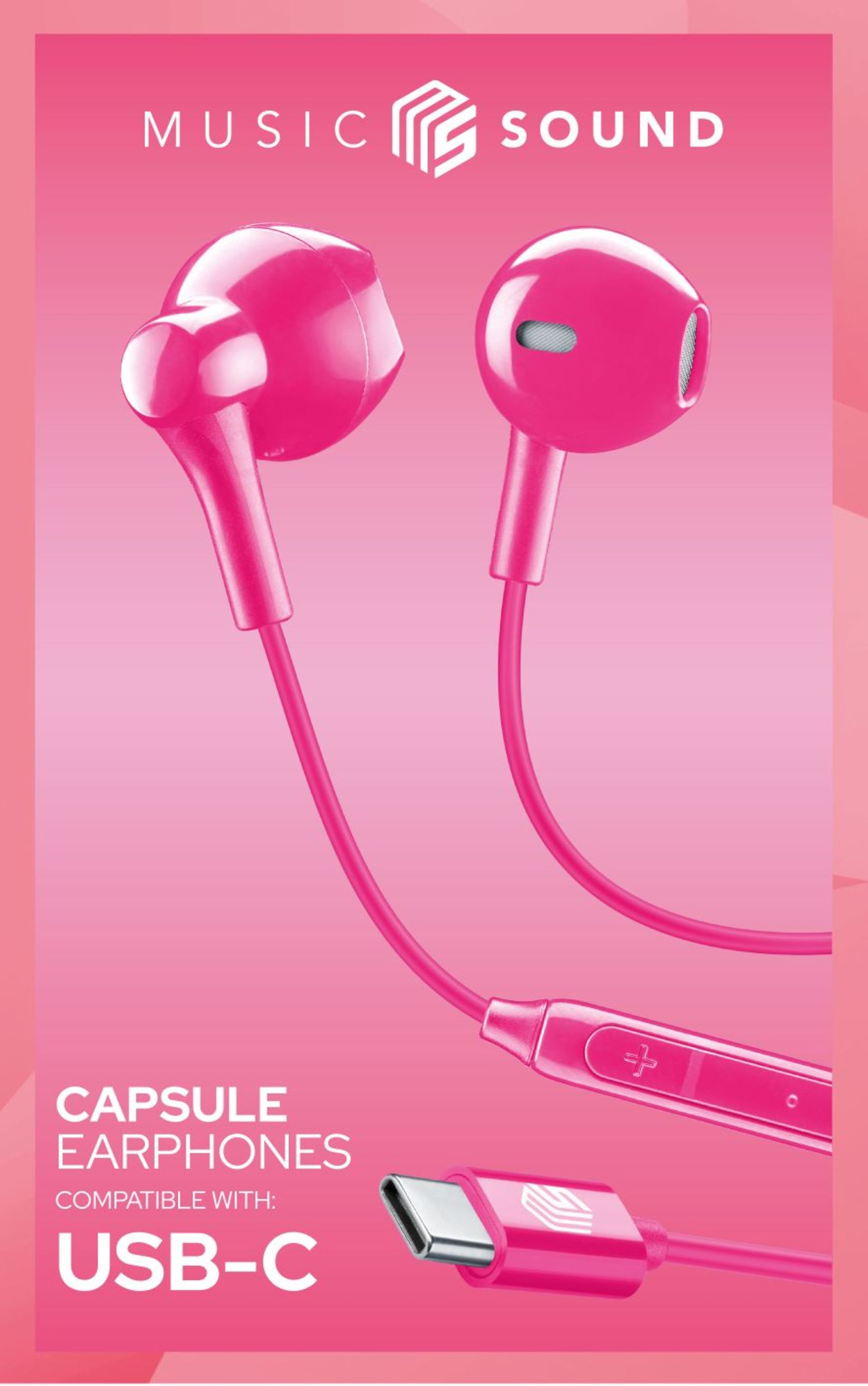 USB-C konnektörlü ve kumandalı parlak pembe kapsül kulaklık çifti.