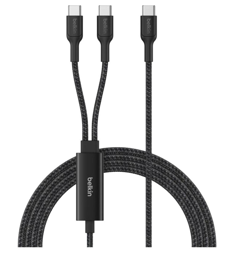 Üç siyah Belkin USB-C kablo, örgülü kablo ve gümüş logo.