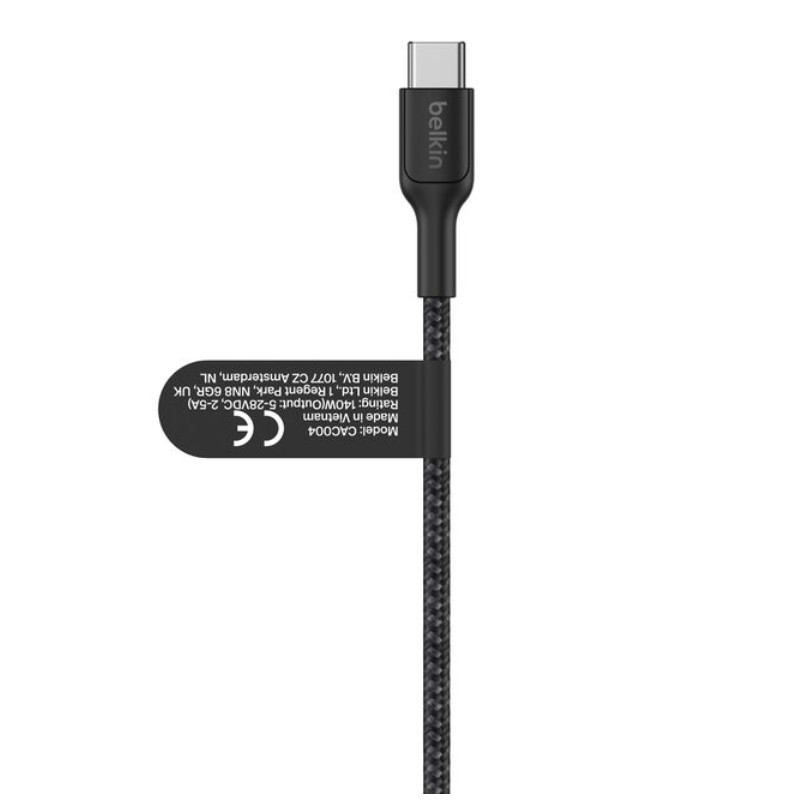 CE işaretli ve teknik detayları olan siyah bir Belkin USB-C kablosu.