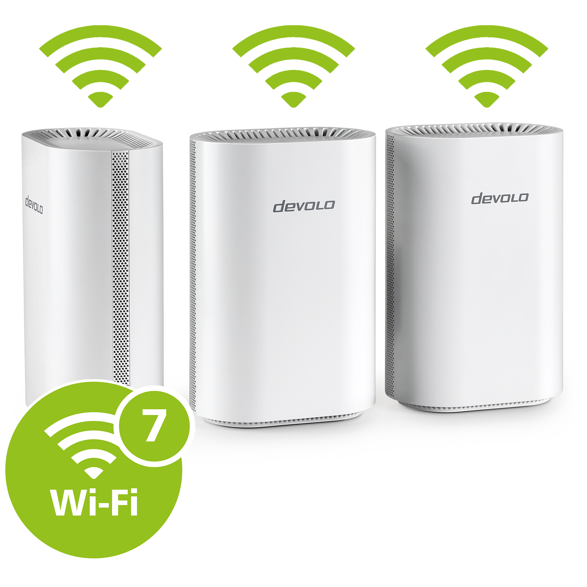 Drei weiße Devolo Wi-Fi 7 Mesh-Geräte mit grünen WLAN-Symbolen.