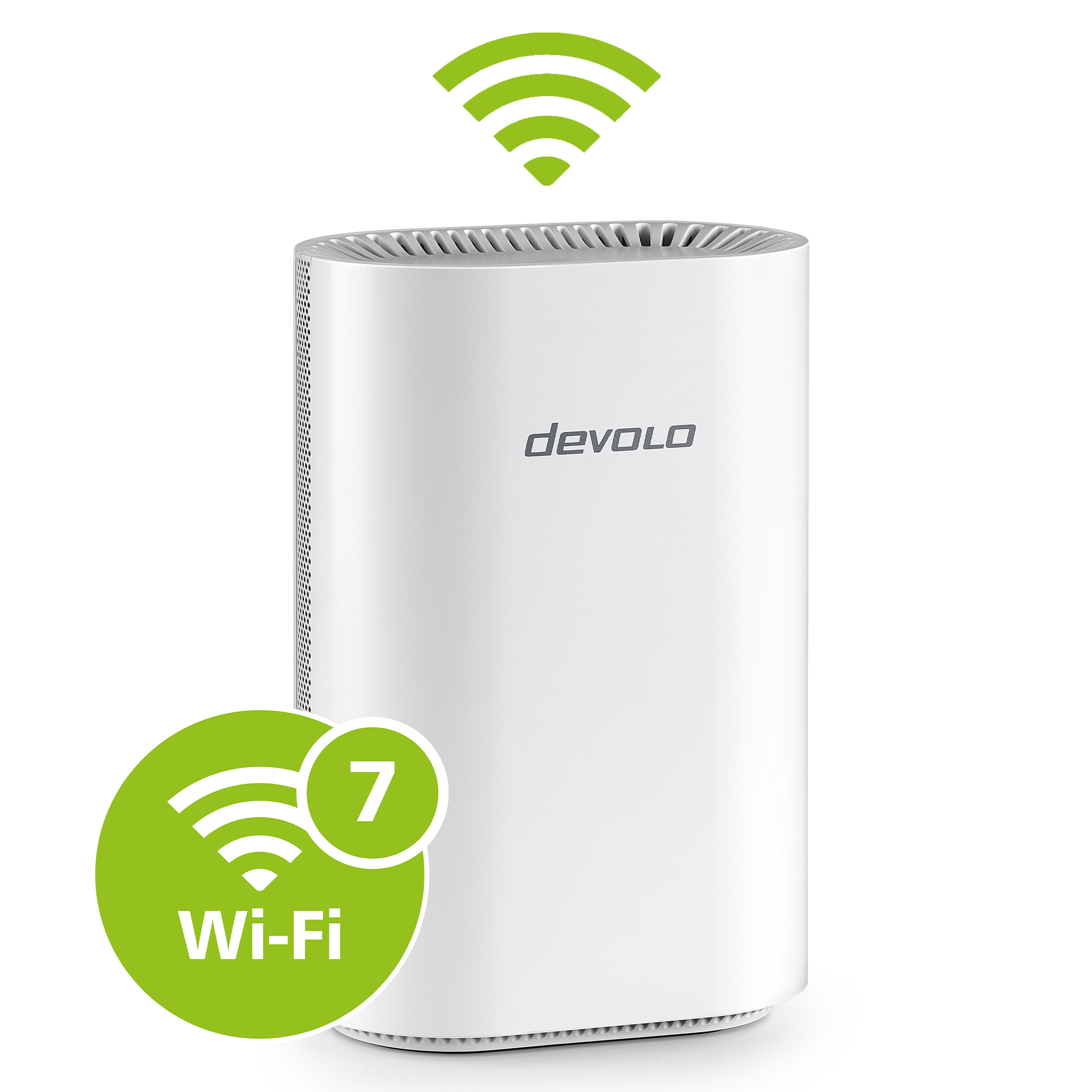 Ein weißer Devolo WLAN 7 Router mit grünem Wi-Fi Symbol auf weißem Hintergrund.