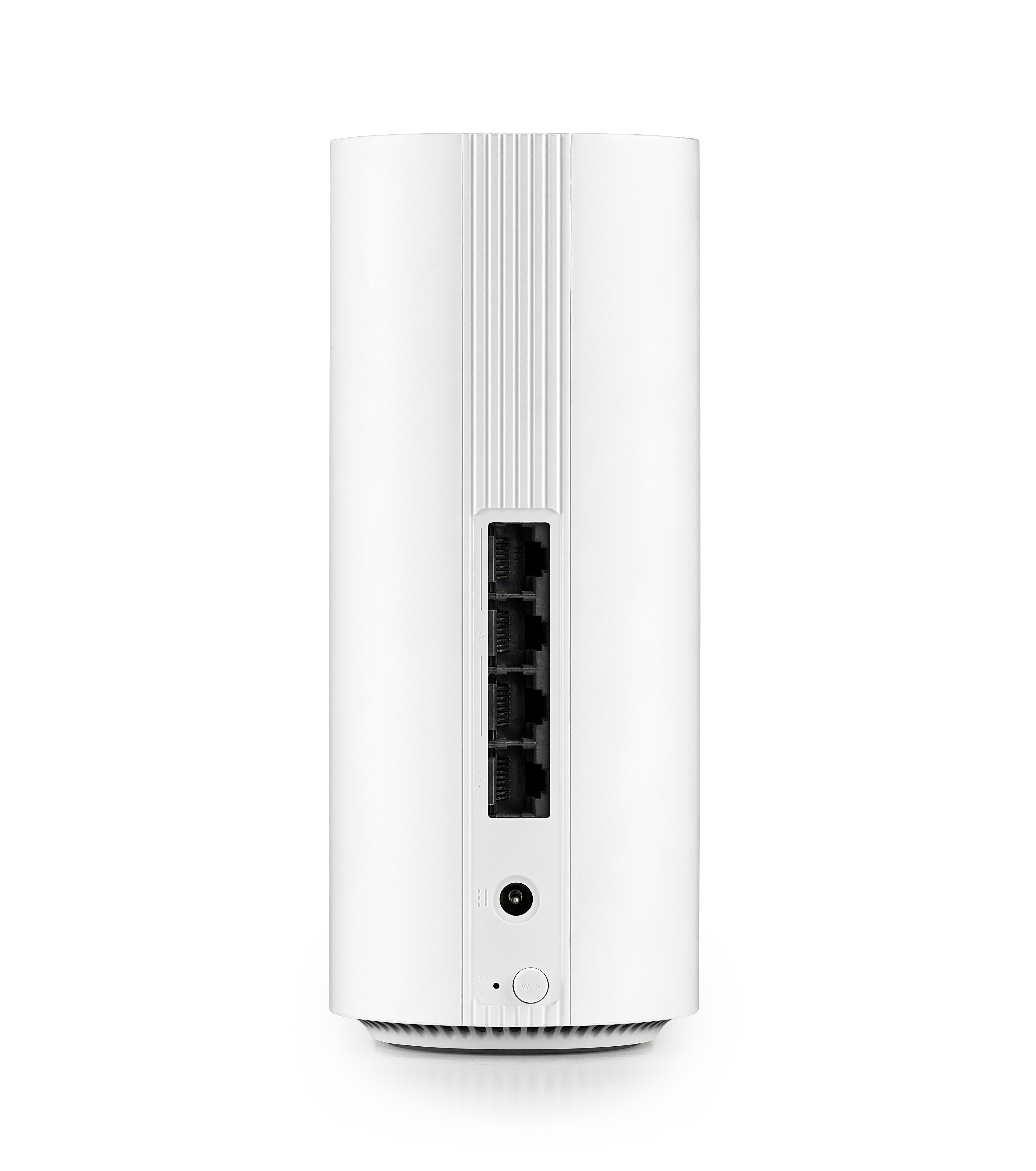 Ein weißer Router mit Ethernet-Anschlüssen und WPS-Taste auf weißem Hintergrund.